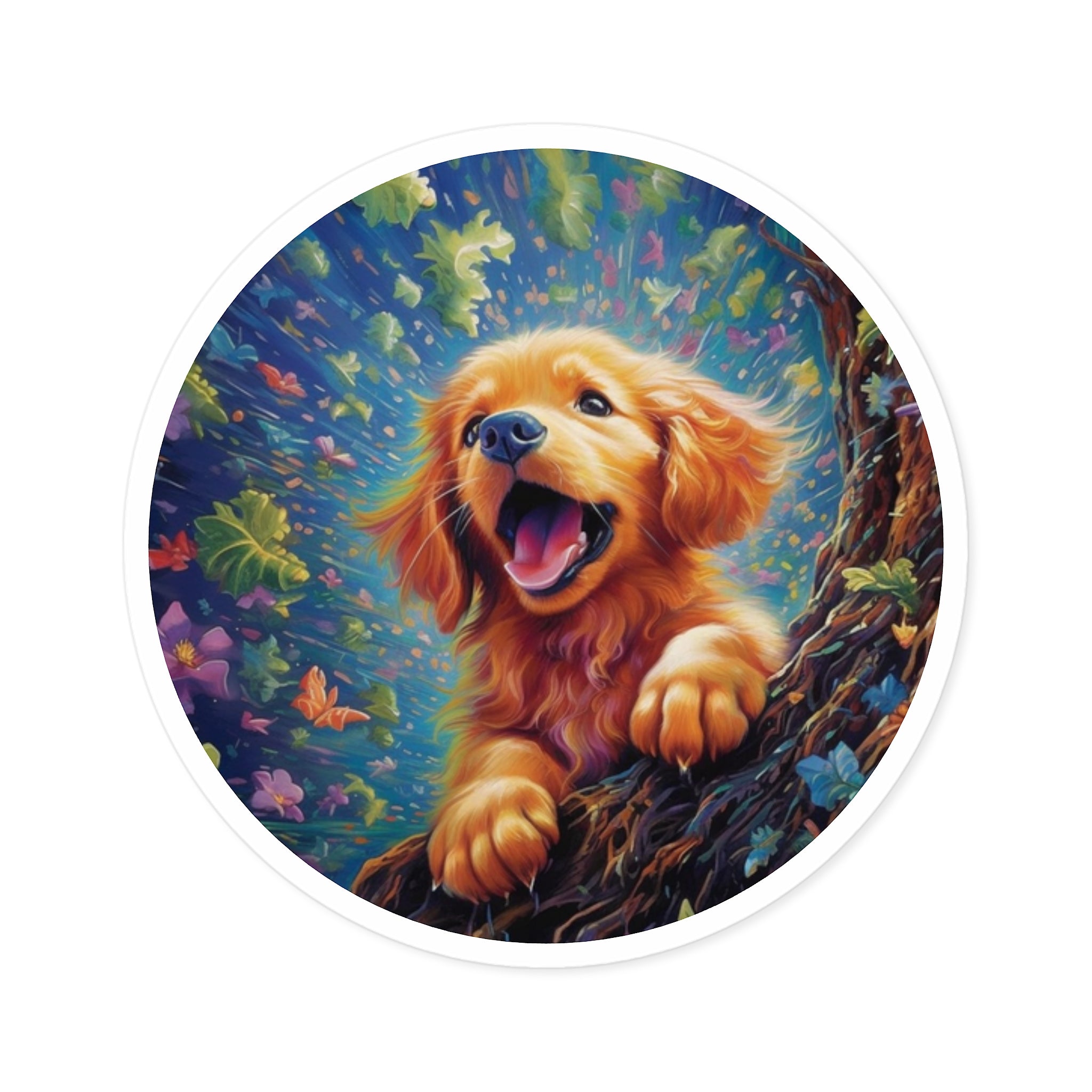 Golden Puppy in Nature Sticker, Whimsical Forest, Happy Dog Art, Playful Spirit