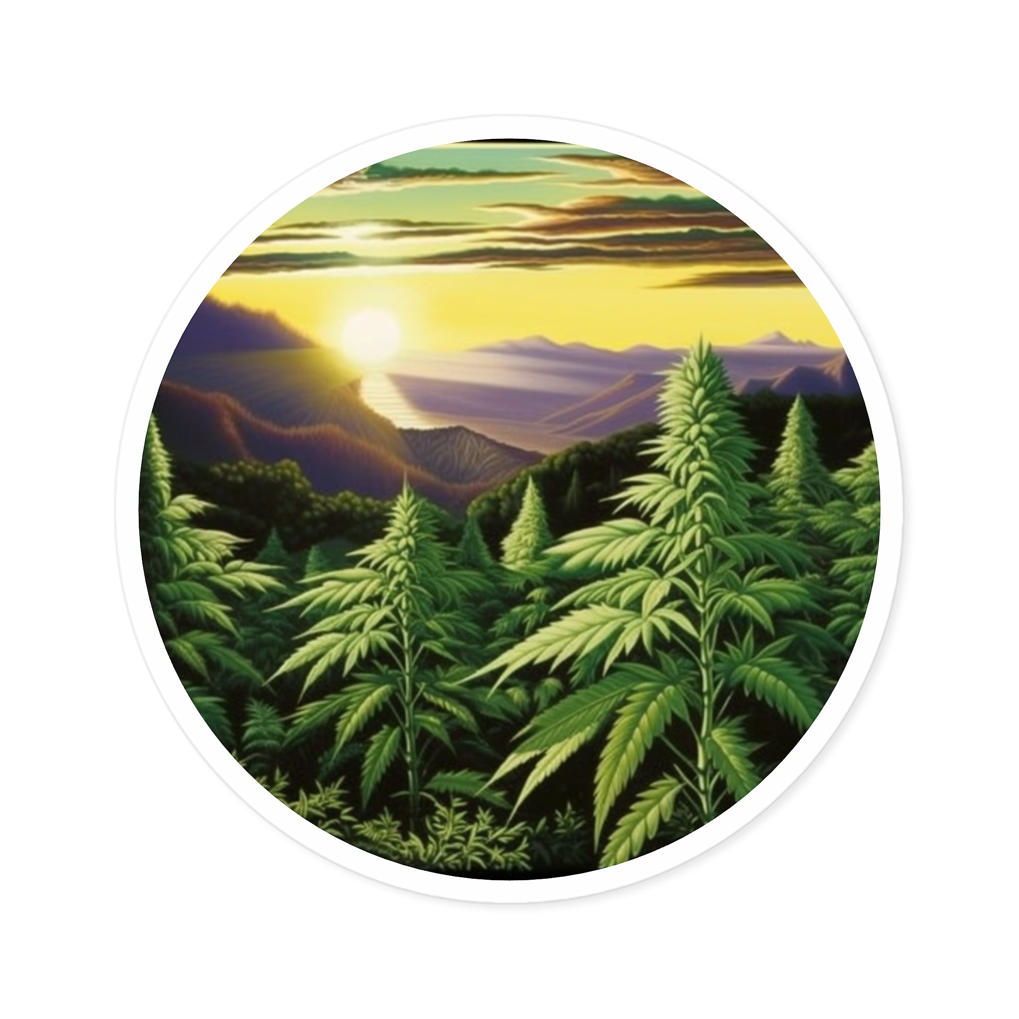 Cannabis Plants on Mountain Ridge, Scenic Landscape Sticker, Nature Art, Outdoor Design