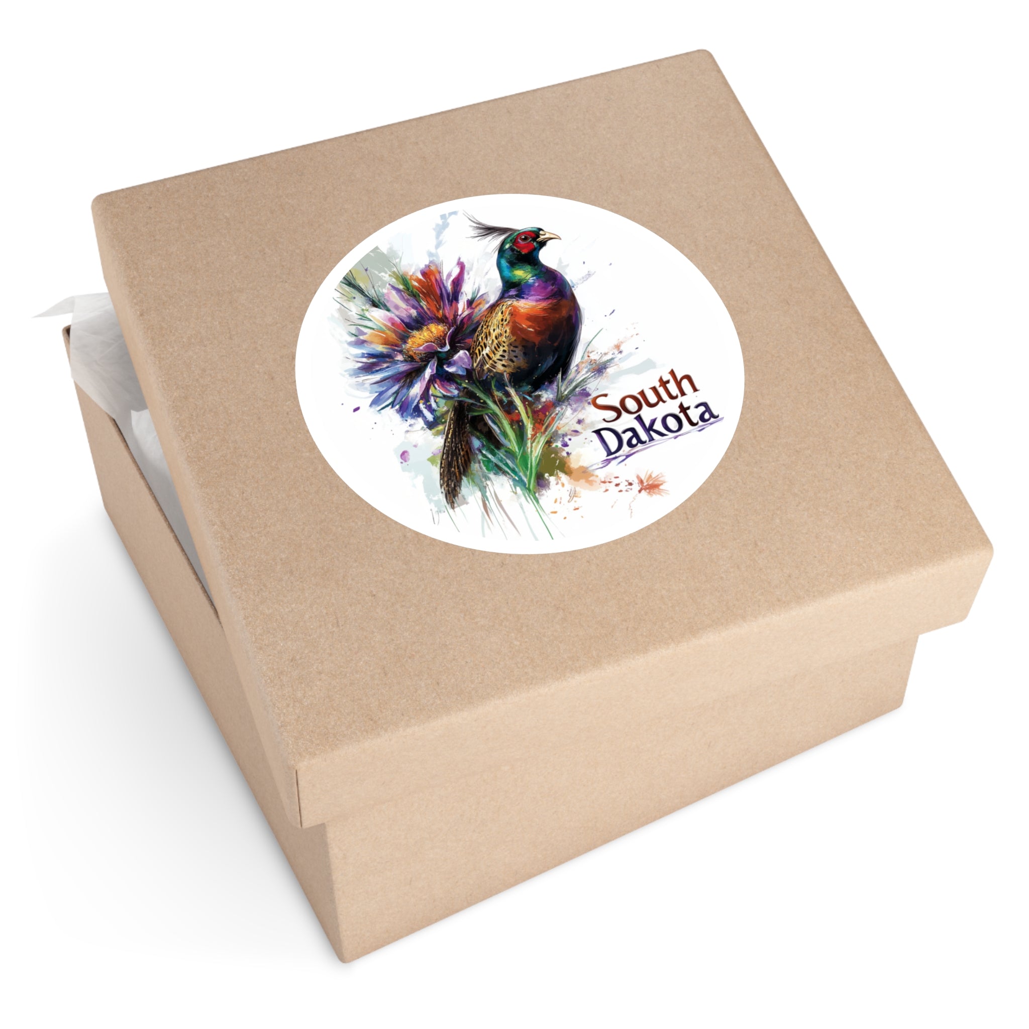 South Dakota Pheasant Sticker, State Bird and Flower Design, Colorful Nature Art