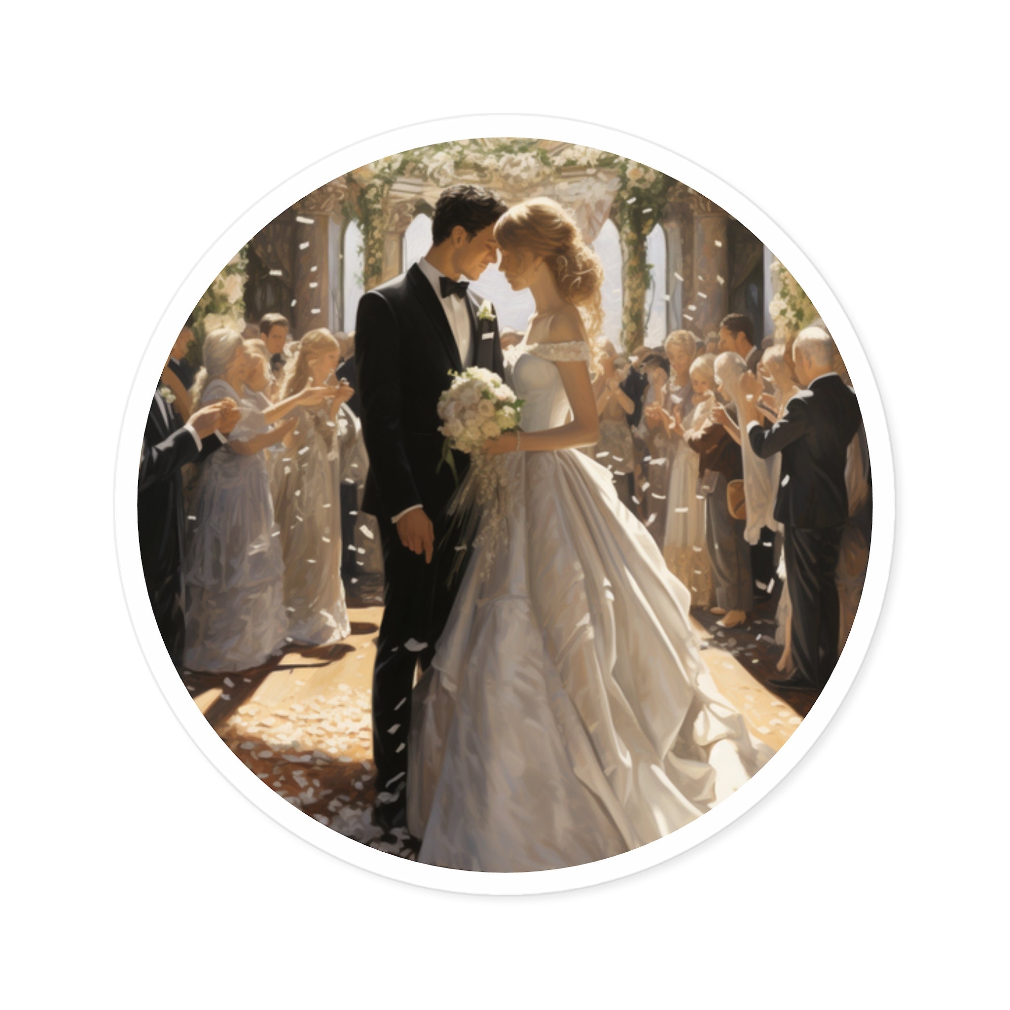 Bride and Groom Sticker, Romantic Wedding Art, Elegant Scene, Love Gift