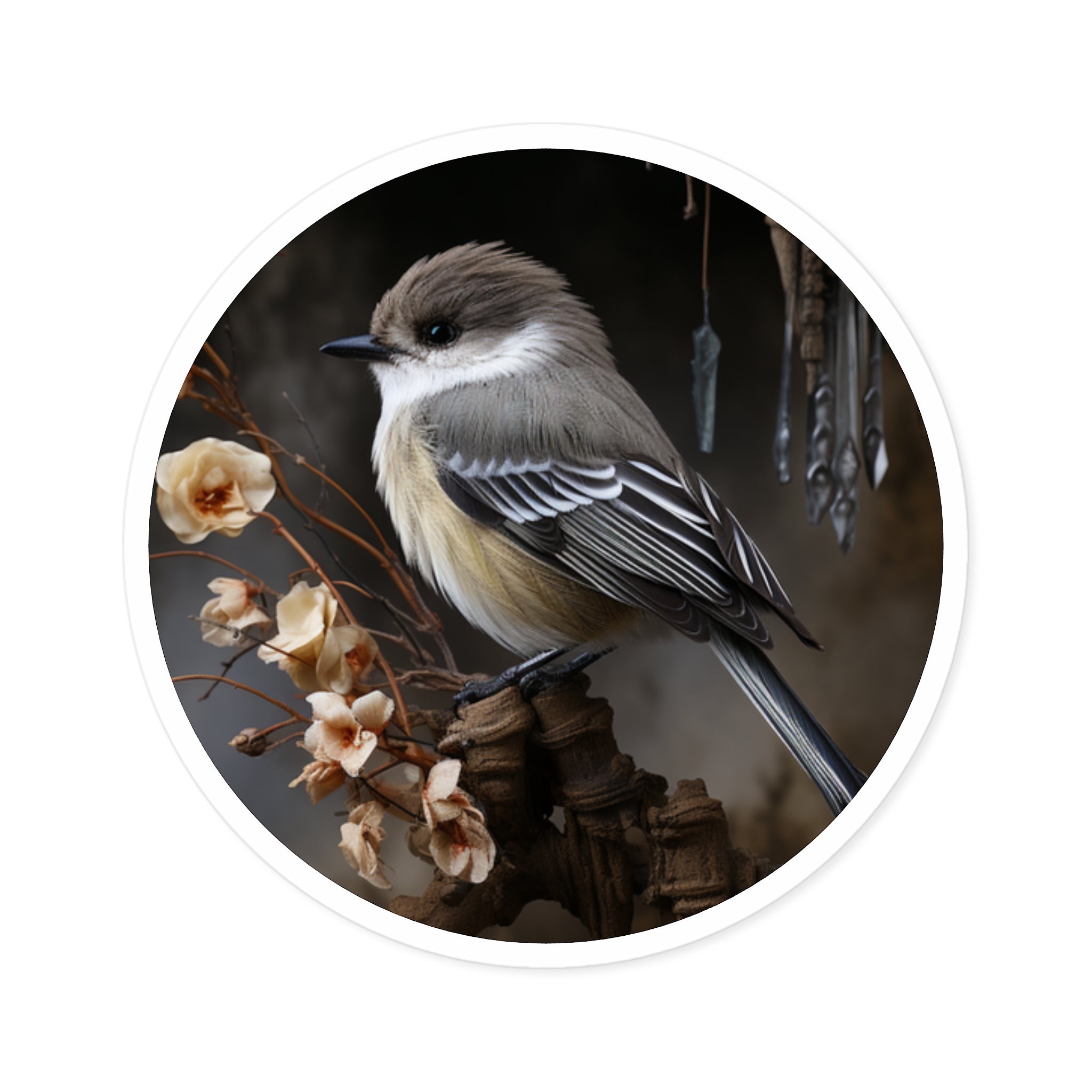 Eastern Phoebe Sticker, Woodland Branch Scene, Soft Natural Tone, Realistic Art