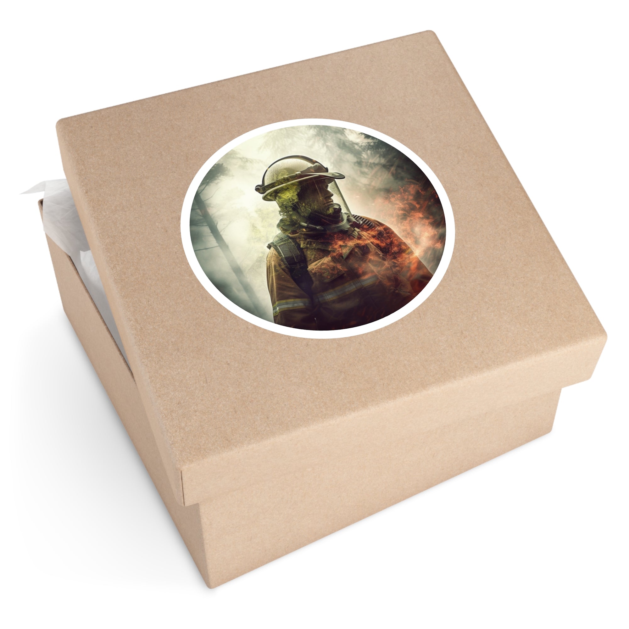 Firefighter Forest Sticker, Double Exposure Art, Nature Theme, Brave Gift