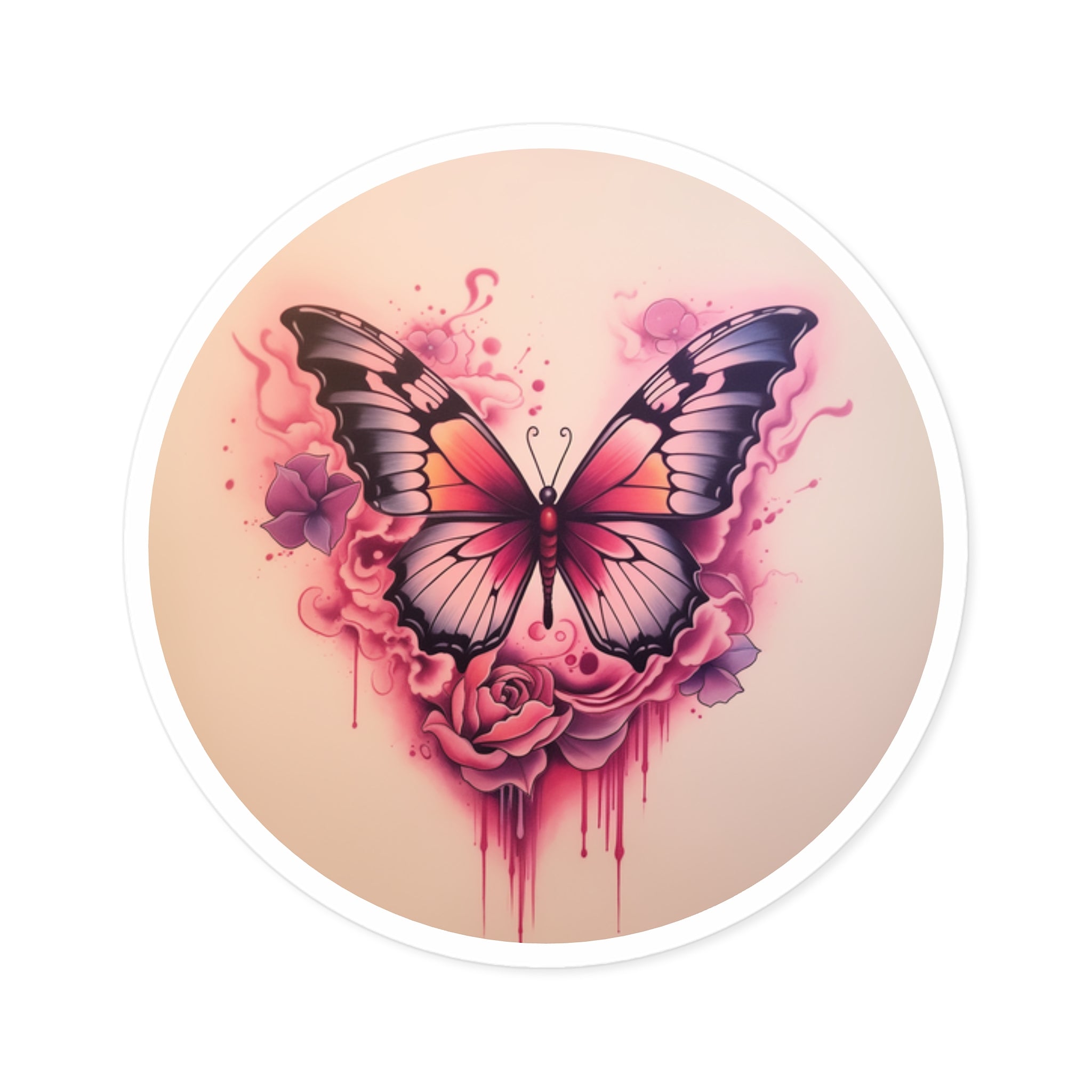 Pink Butterfly Sticker, Rose Tattoo Design, Soft Gradient Art, Feminine Style