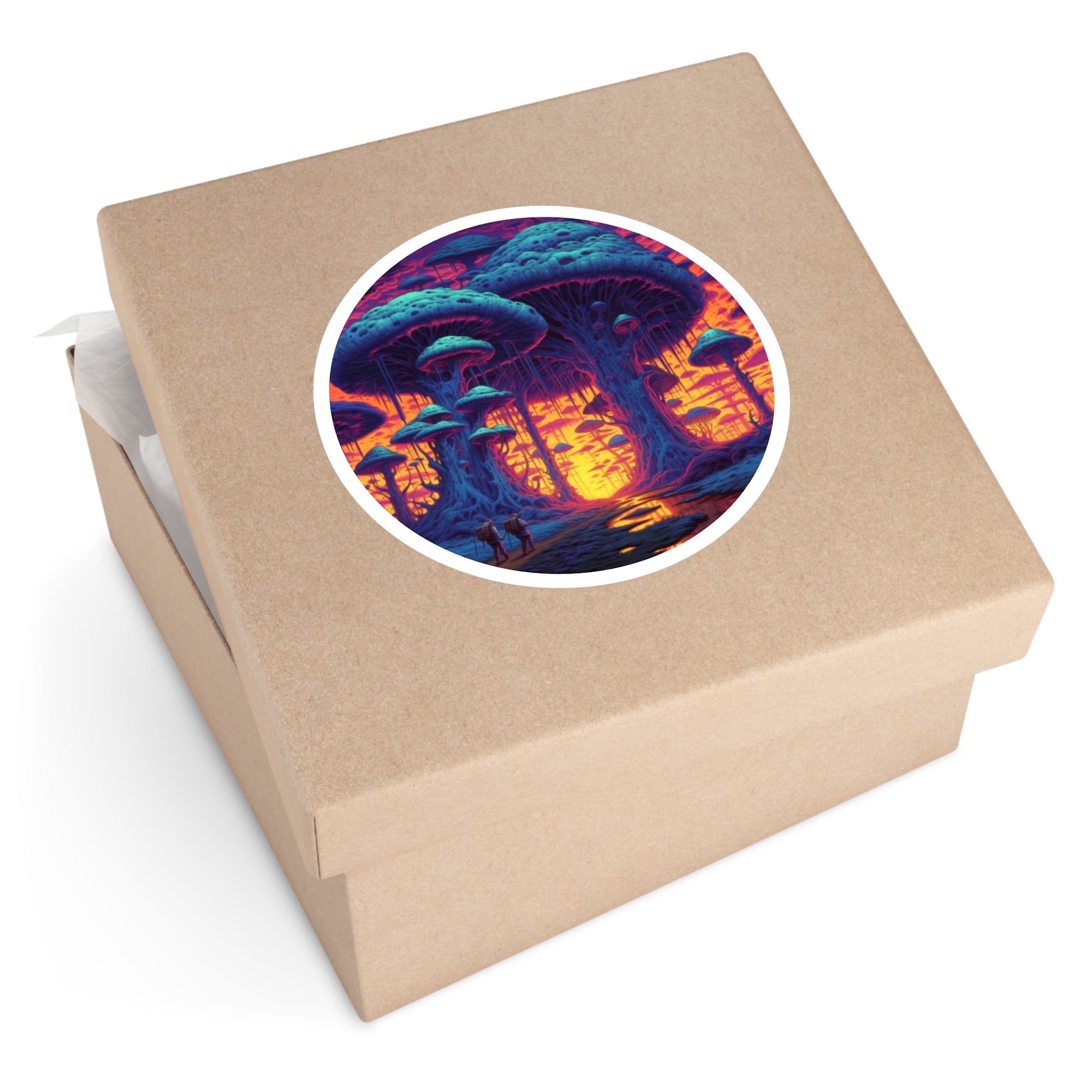 Mushroom valley, fantasy landscape Sticker, sunset scenery, surreal forest