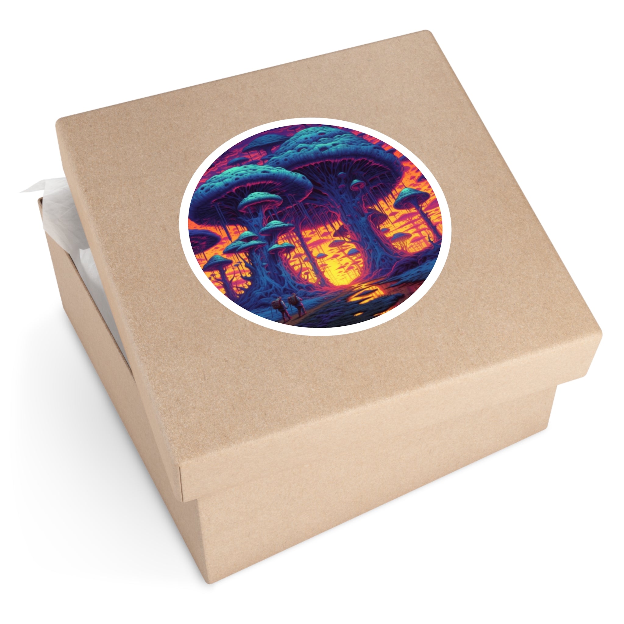 Mushroom valley, fantasy landscape Sticker, sunset scenery, surreal forest