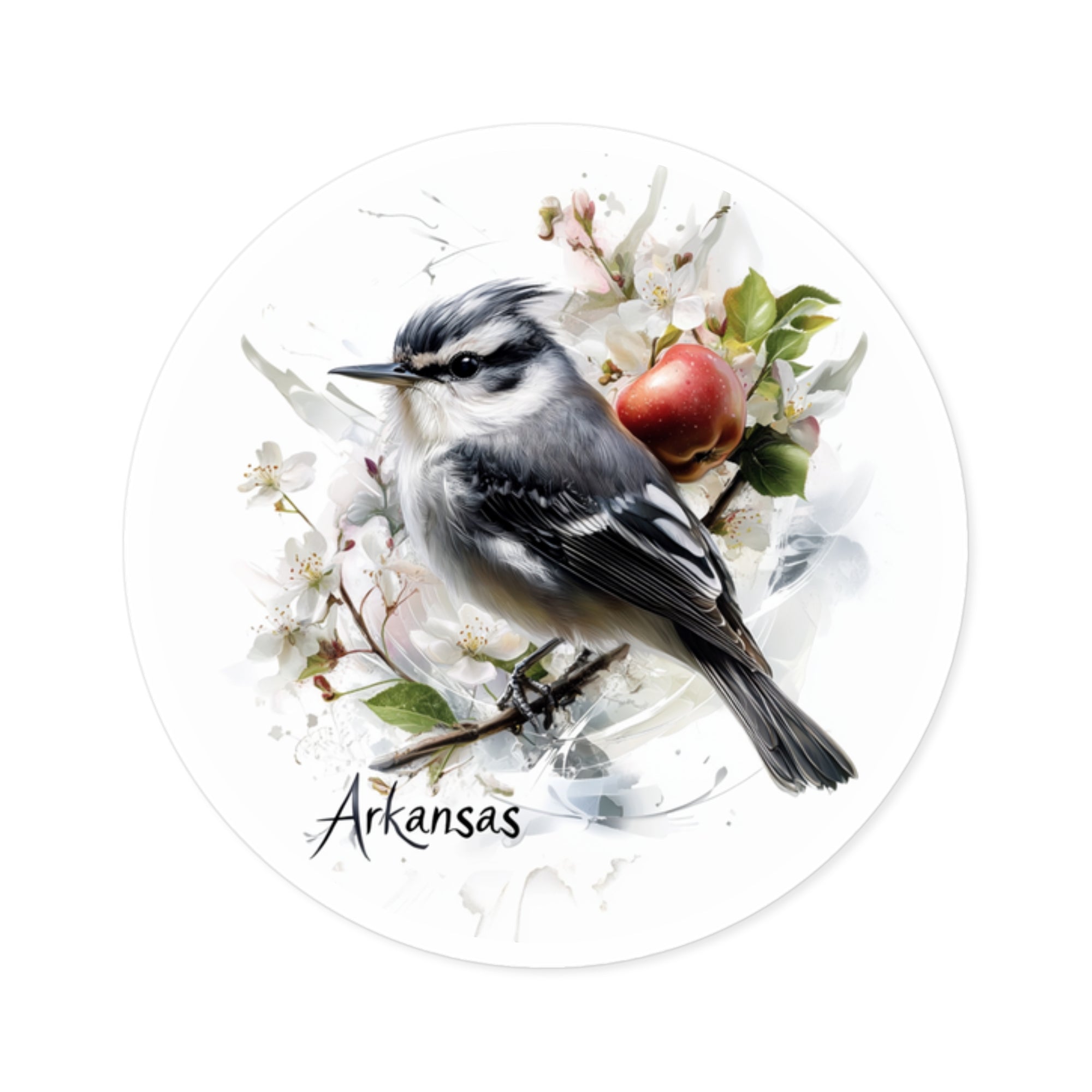 Arkansas Mockingbird Sticker, State Bird and Flower Art, Apple Blossom Design, Nature Theme