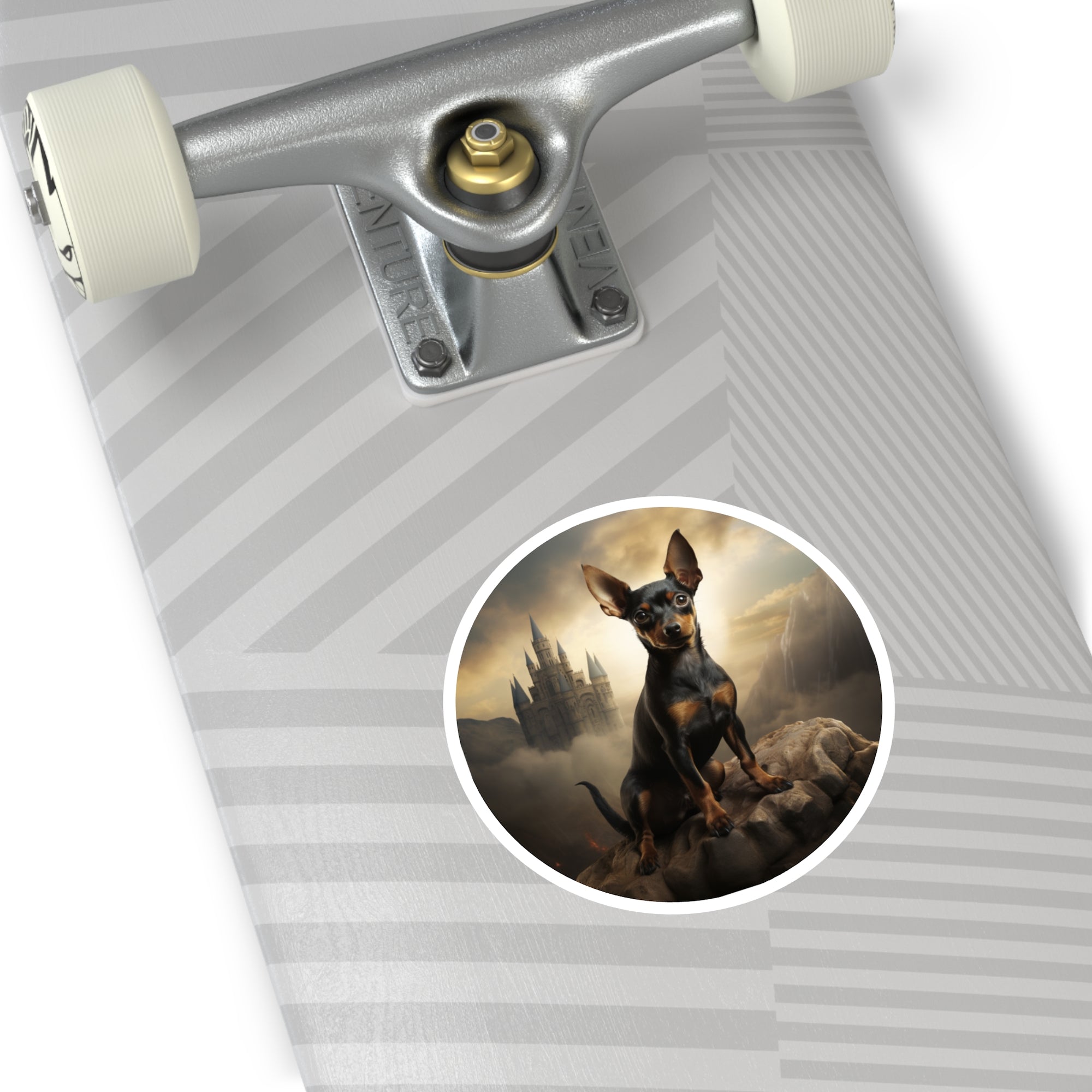 Fantasy Pinscher Sticker, Castle Scene Art, Majestic Dog Design, Epic Gift