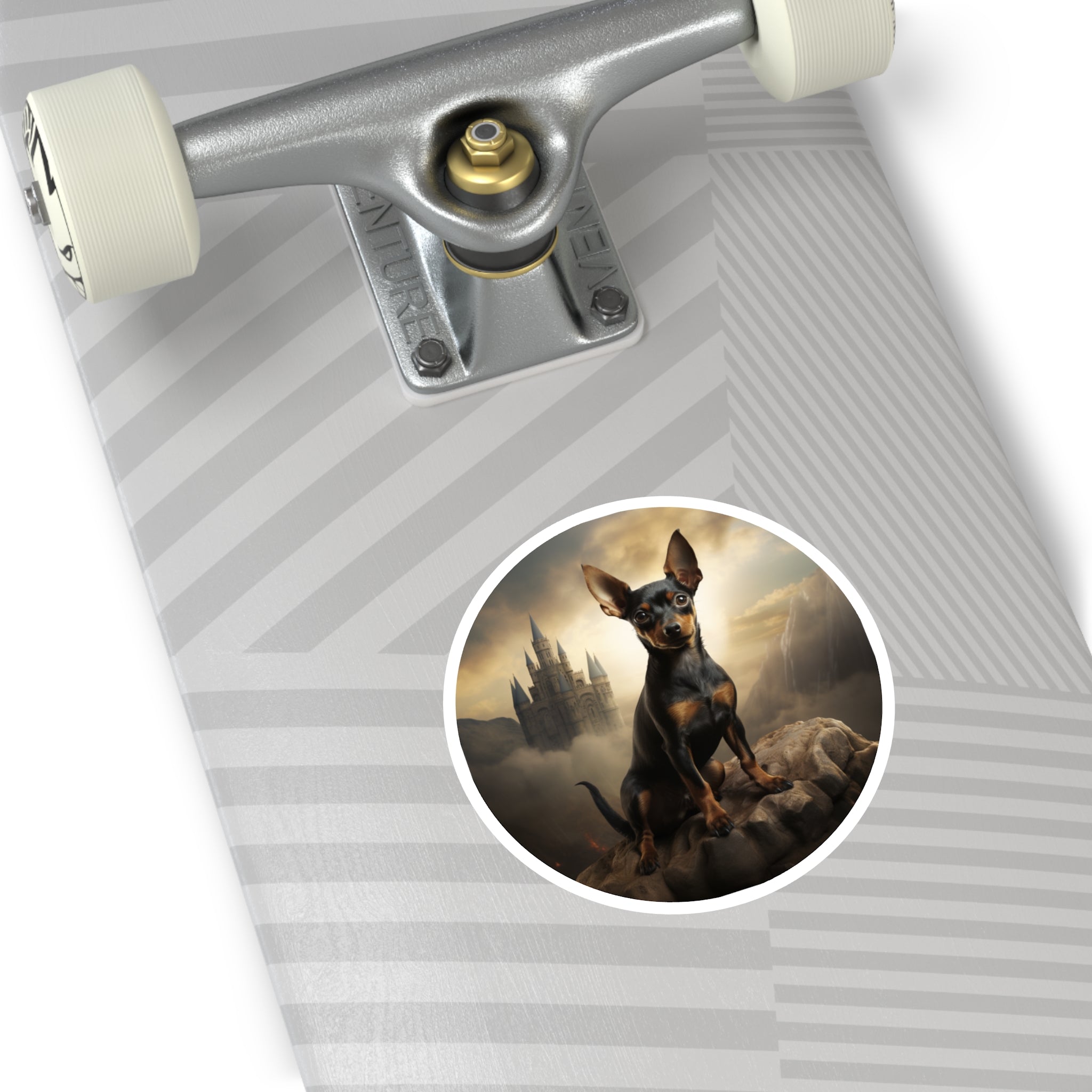 Fantasy Pinscher Sticker, Castle Scene Art, Majestic Dog Design, Epic Gift