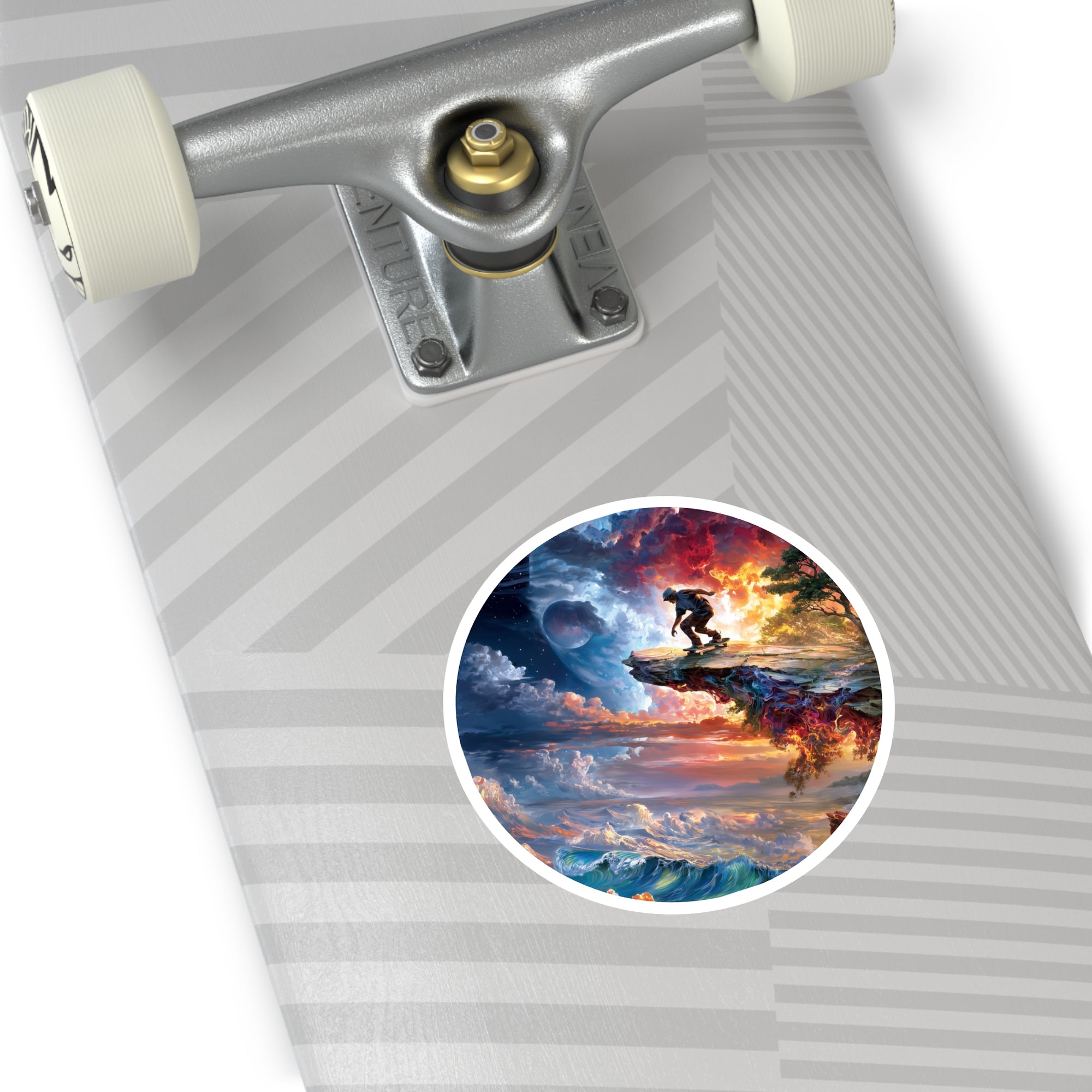 Skateboarder Edge of Earth Sticker, Surreal Art, Cosmic Energy, Adventure Aesthetic