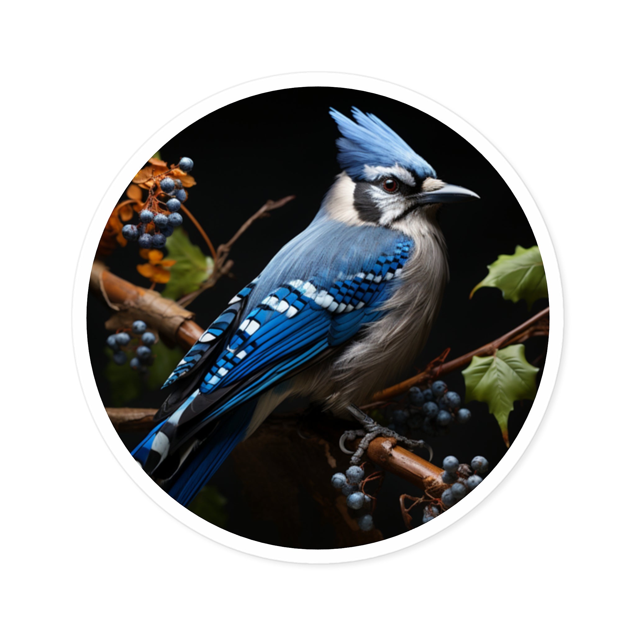 Blue Jay on Berry Branch Sticker, Detailed Realistic Art, Wildlife Theme, Gift for Bird Fans