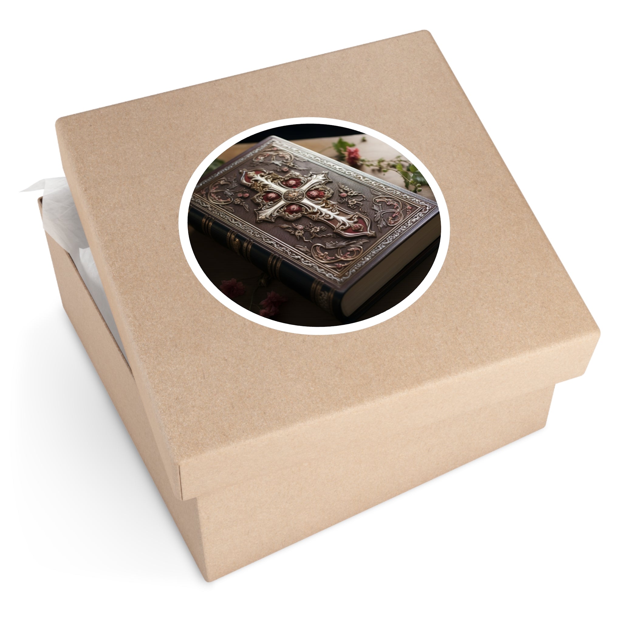 Sacred Book, Ornate Cross Bible Sticker, Journal or Laptop, Faithful Keepsake