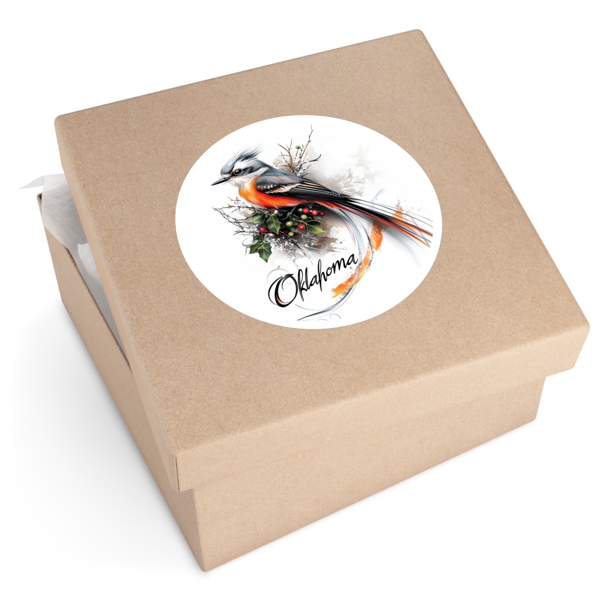 Oklahoma Flycatcher Sticker, State Bird and Mistletoe Design, Nature Art
