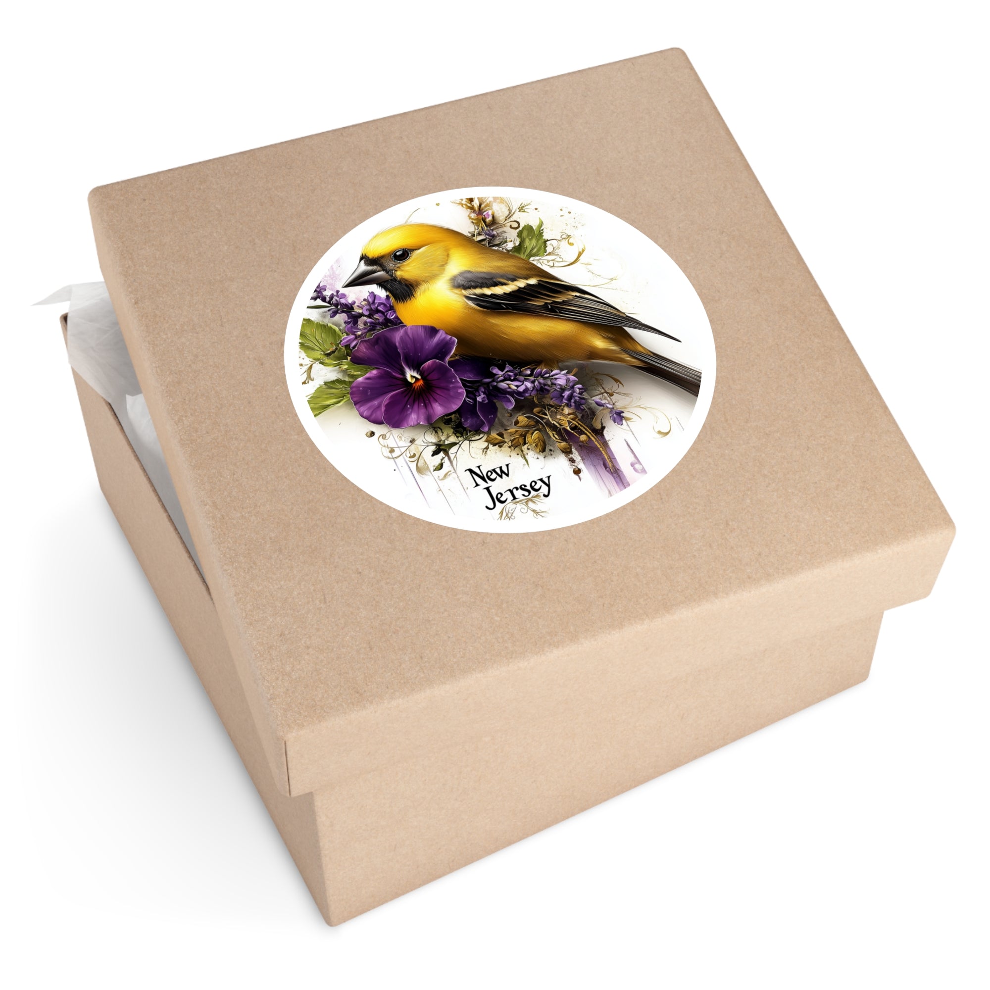 New Jersey Goldfinch, Violet Flower Sticker, Water Bottle or Journal, State Design