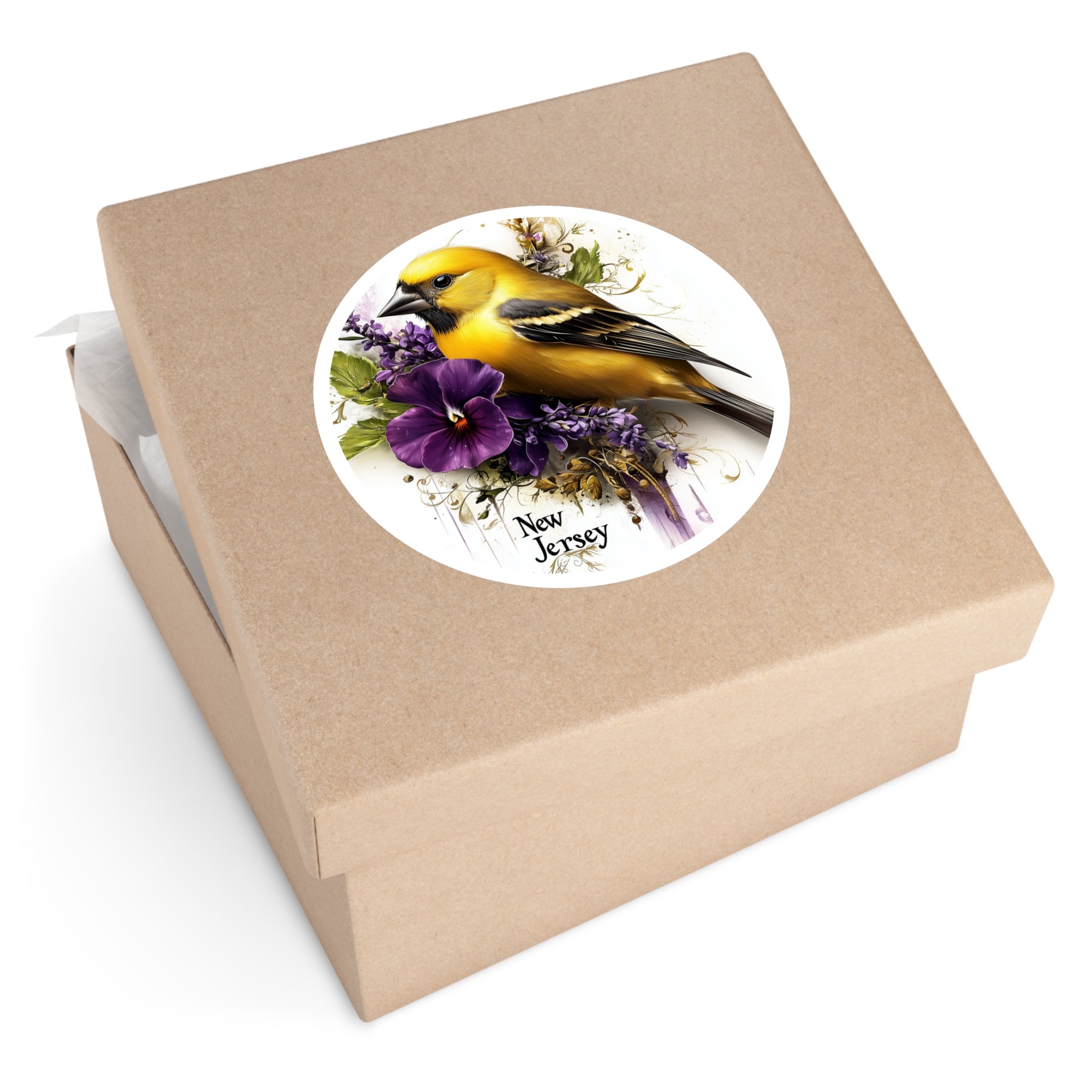 New Jersey Goldfinch, Violet Flower Sticker, Water Bottle or Journal, State Design