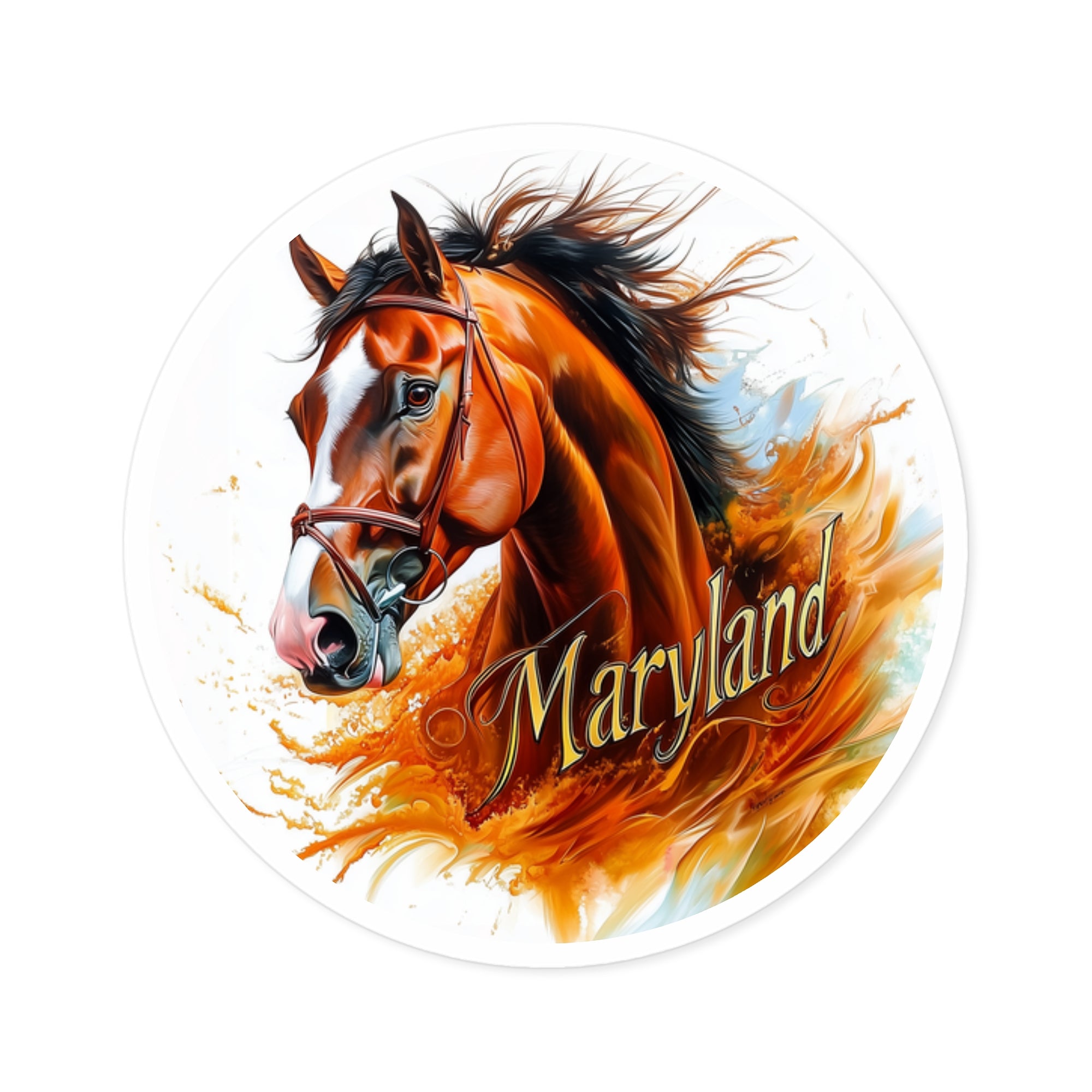 Maryland Horse Sticker, State Design, Equestrian Art, Fiery Style