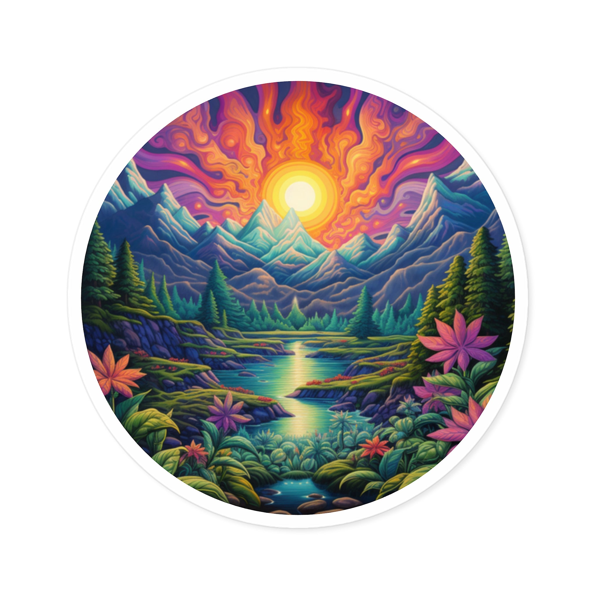 Cannabis Plants in Mountain Forest, Scenic Nature Sticker, Outdoor Art, Green Design