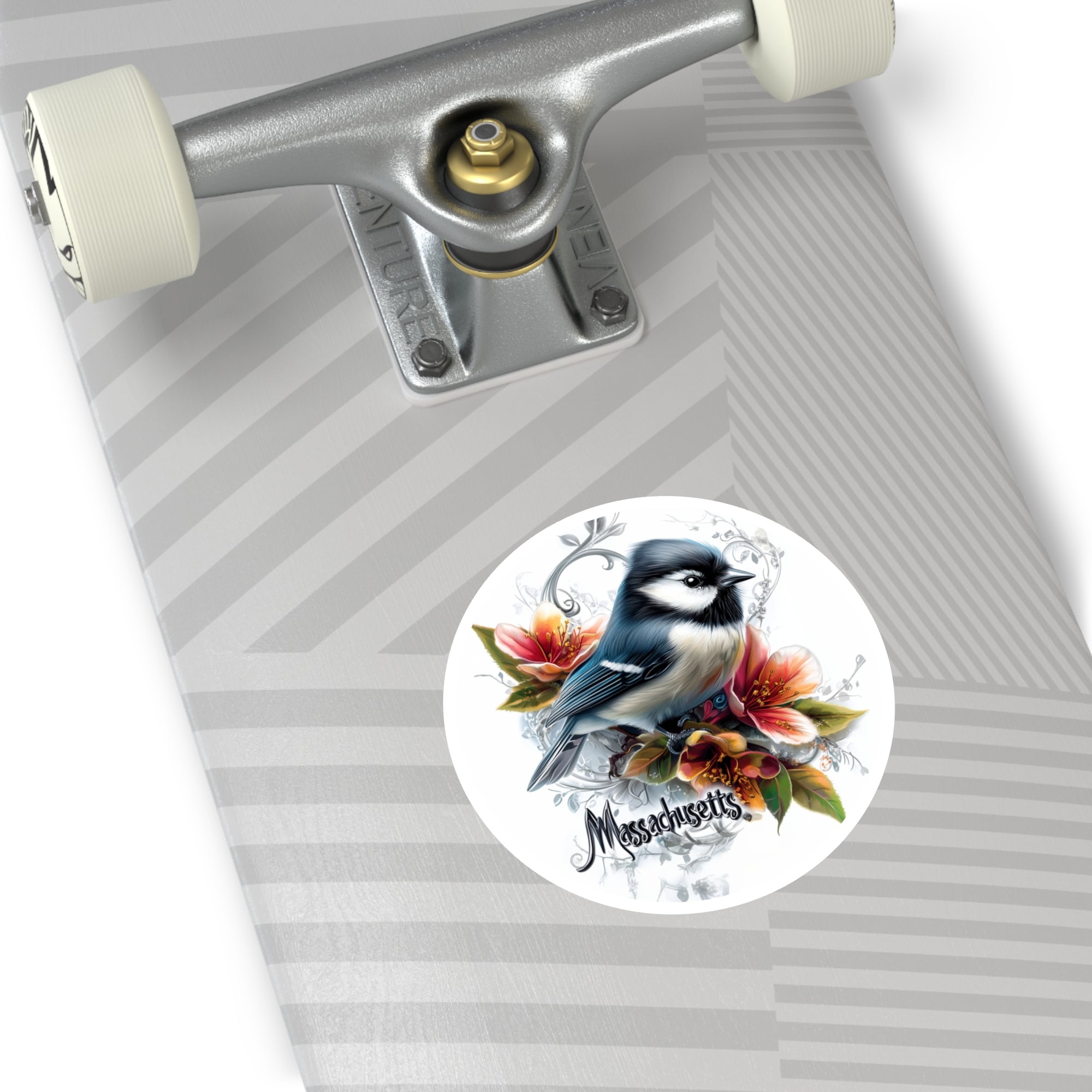 Massachusetts Chickadee, Trailing Arbutus Flower Sticker, State Bird Art, Soft Nature Design