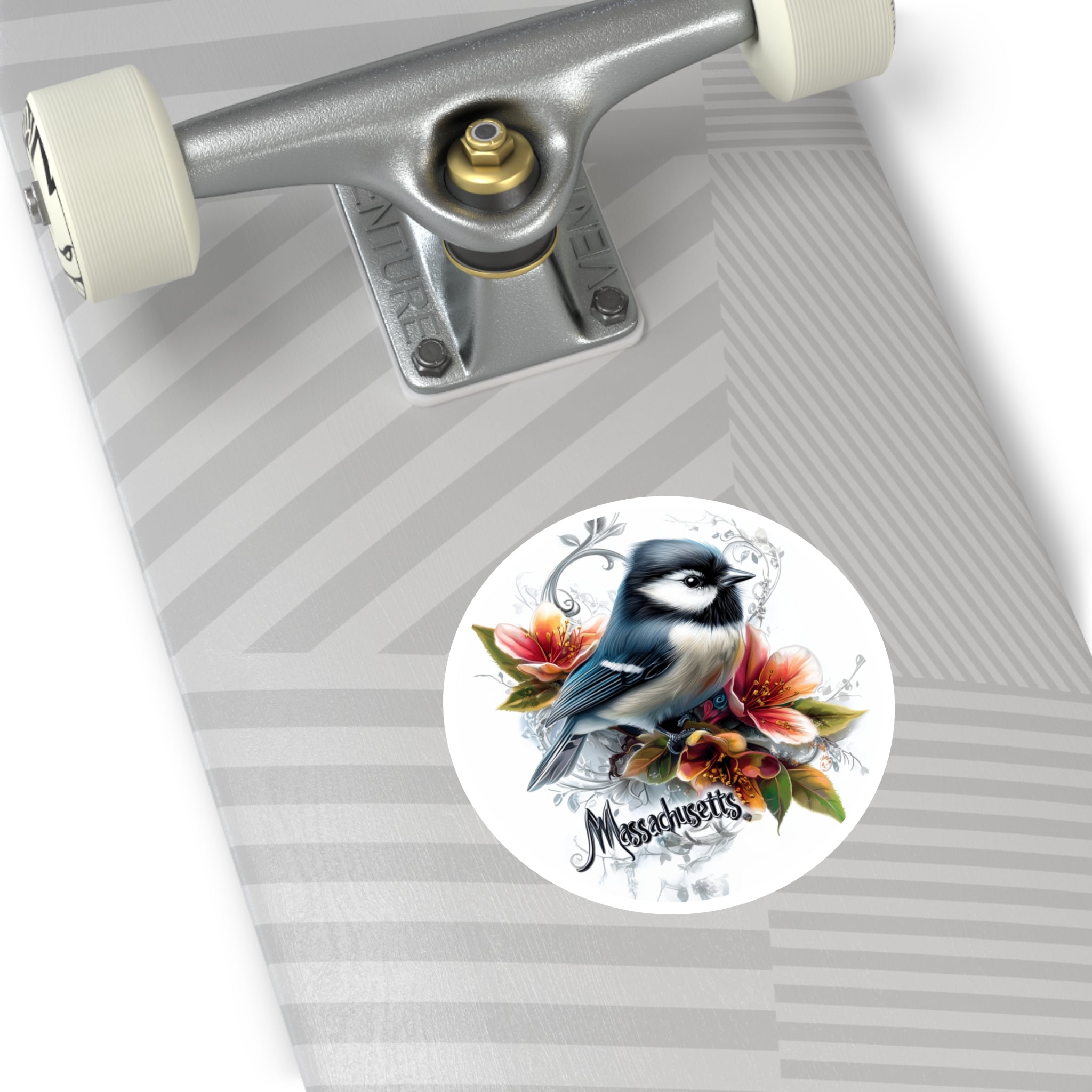 Massachusetts Chickadee, Trailing Arbutus Flower Sticker, State Bird Art, Soft Nature Design
