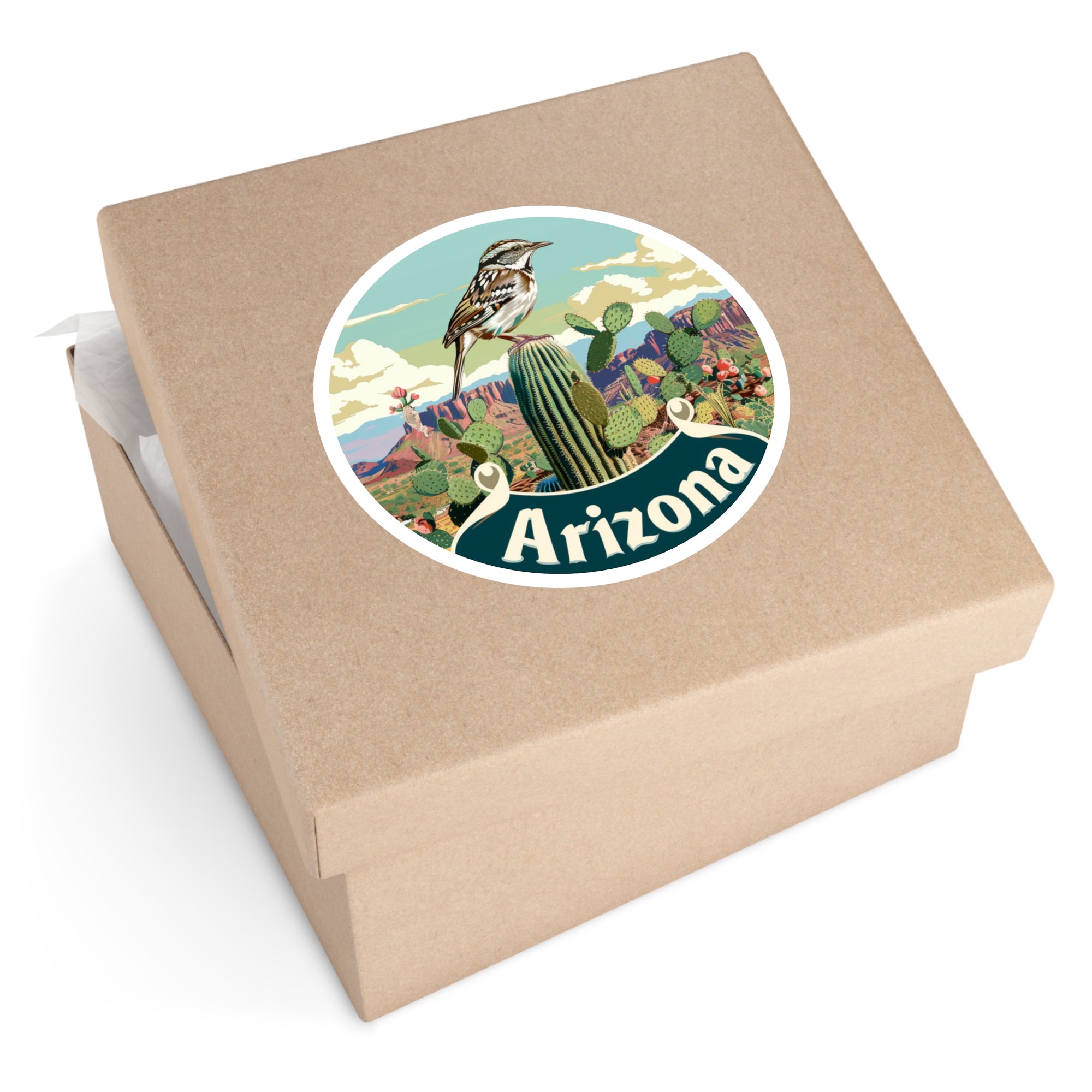 Arizona Desert Bird Sticker, Cactus Landscape Art, Scenic Southwest Design, Nature Gift