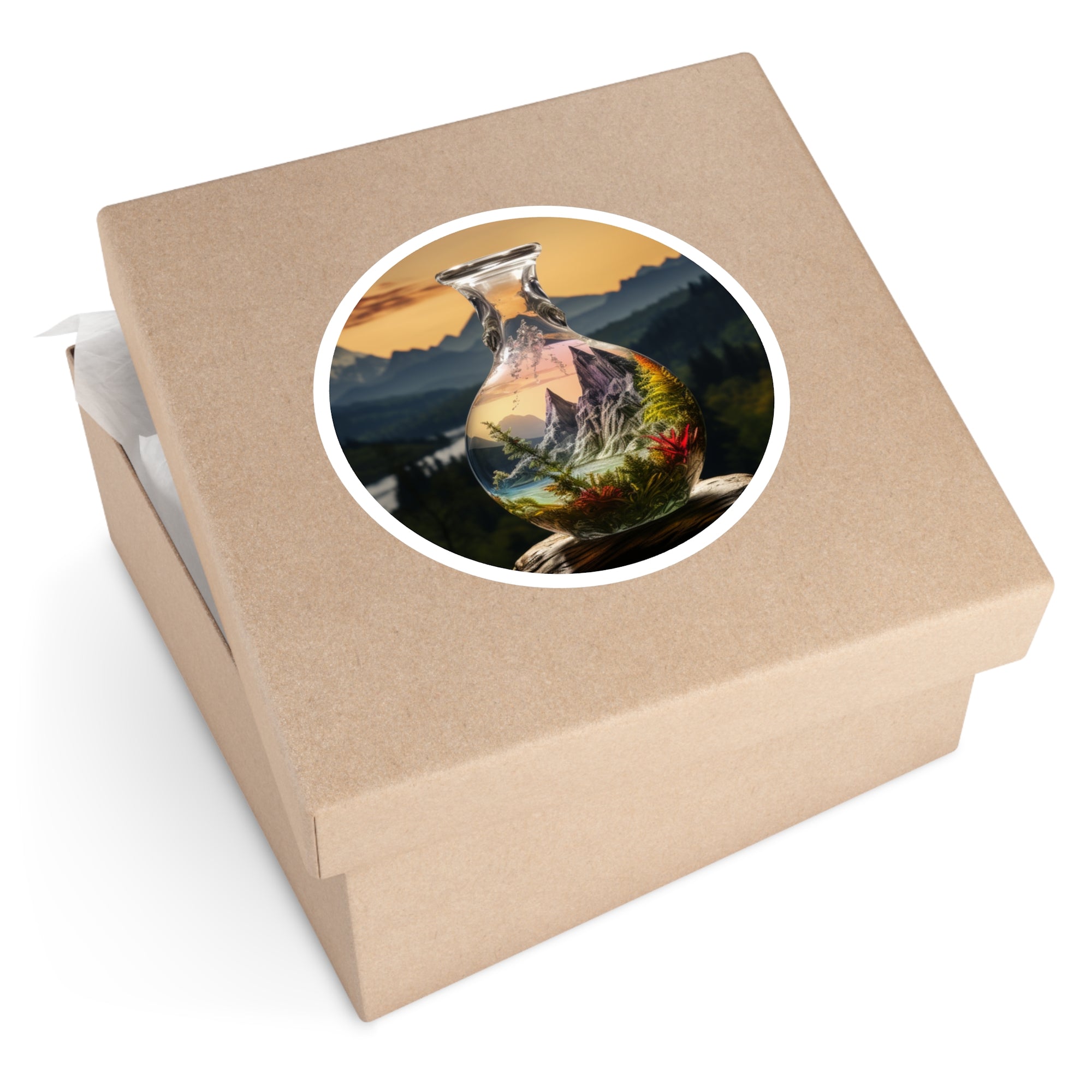 Mountain Scene in Glass, Fantasy Vase Sticker, Laptop Decal, Nature Art Gift