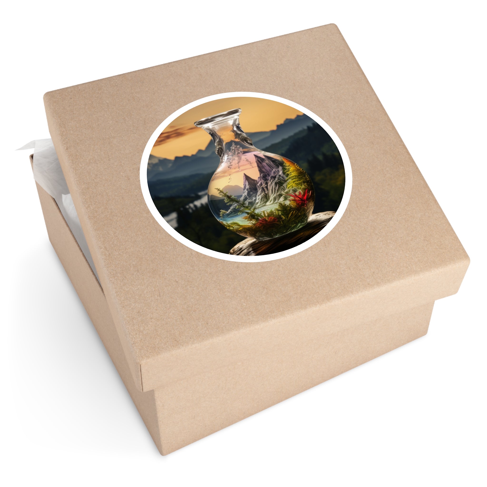 Mountain Scene in Glass, Fantasy Vase Sticker, Laptop Decal, Nature Art Gift