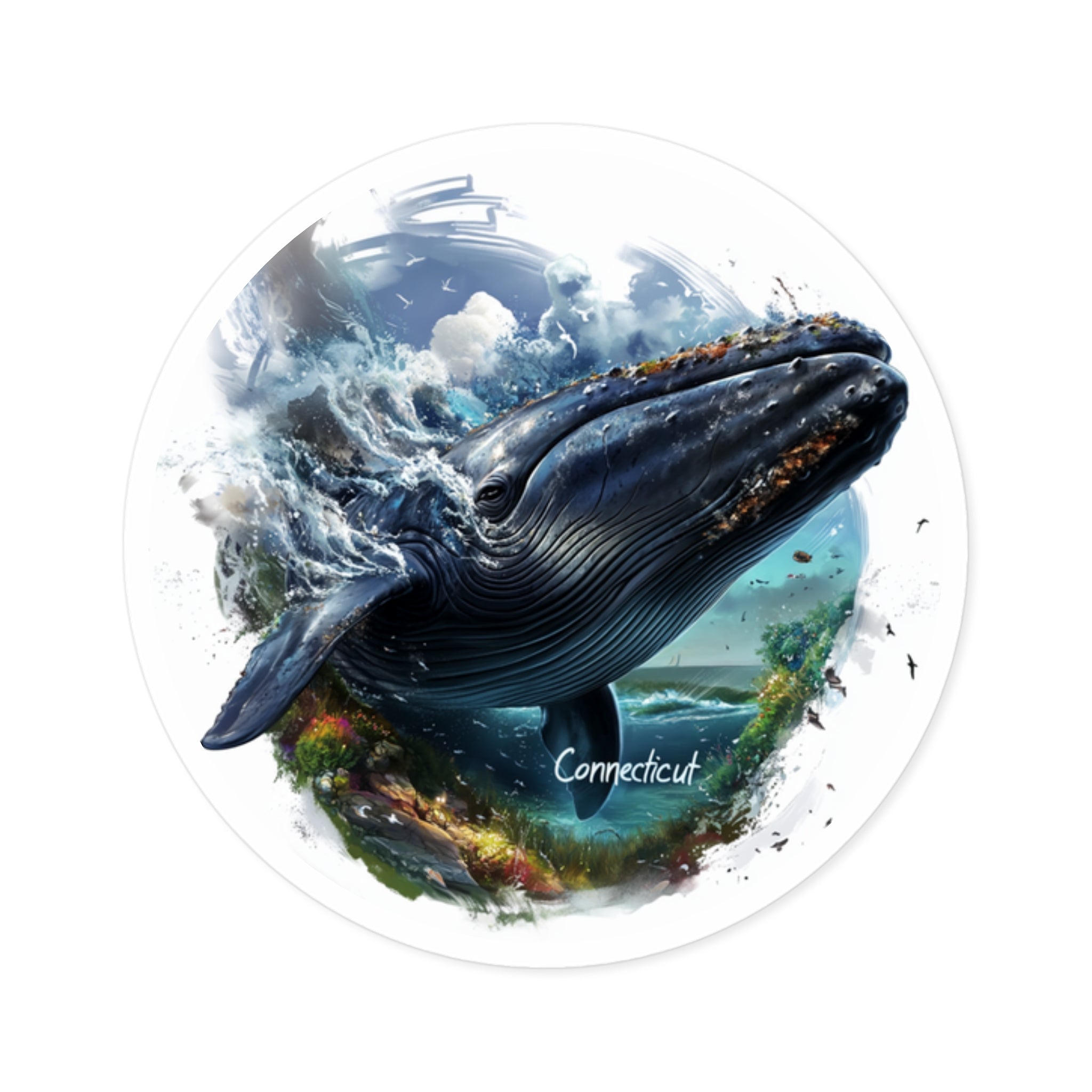 Connecticut Marine Life Sticker, Whale Design, Coastal Nature Art, Ocean Scene
