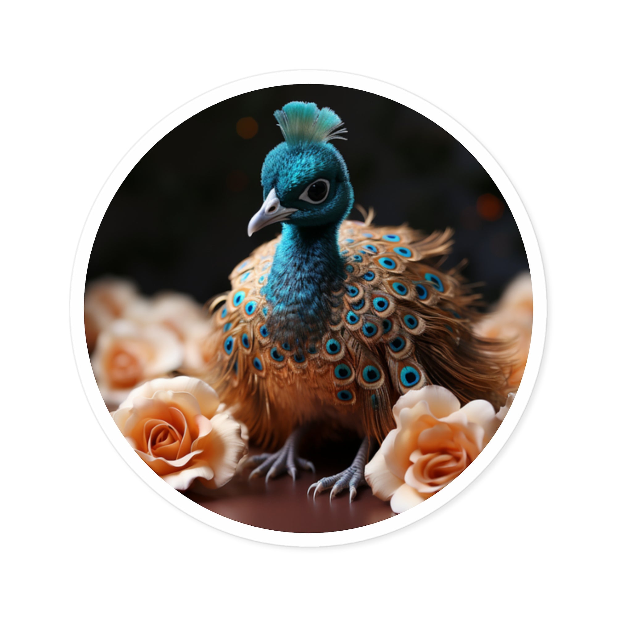 Baby Peacock with Peach Roses Sticker, Elegant Realism, Home Décor Accent, Artistic Gift