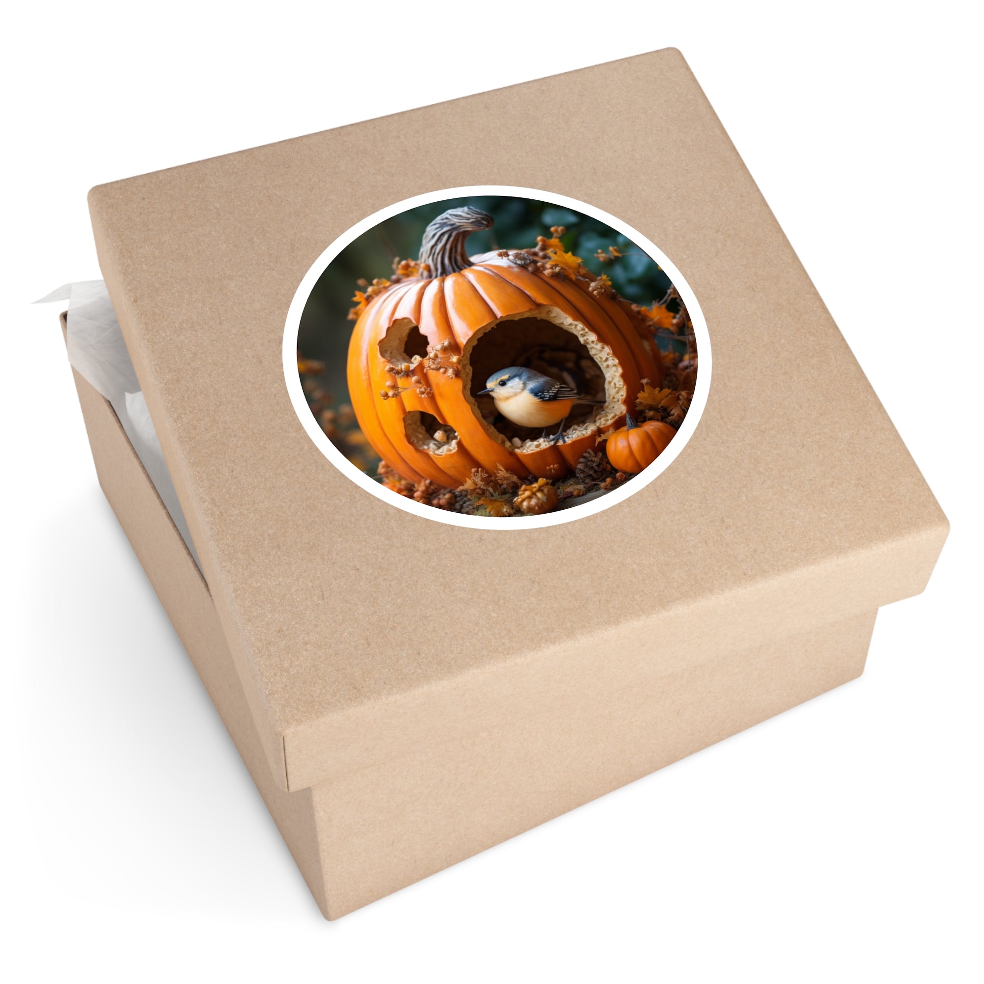 Bird in Pumpkin, Autumn Art Sticker, Laptop Decal, Fall Home Gift