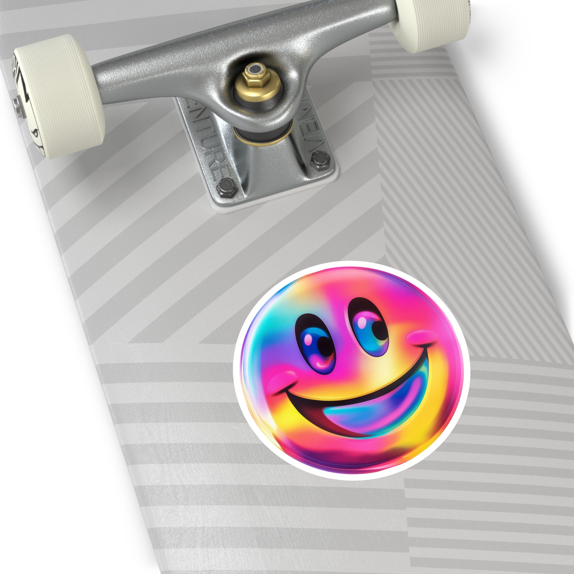 Smiley face sticker, colorful emoji art, cheerful theme, fun design