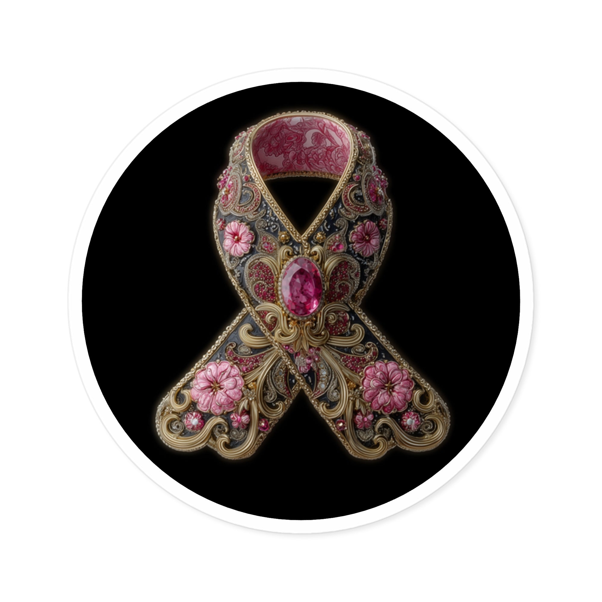Pink Awareness Ribbon Sticker, Ornate Jewel Design, Decorative Symbol, Elegant Support Art