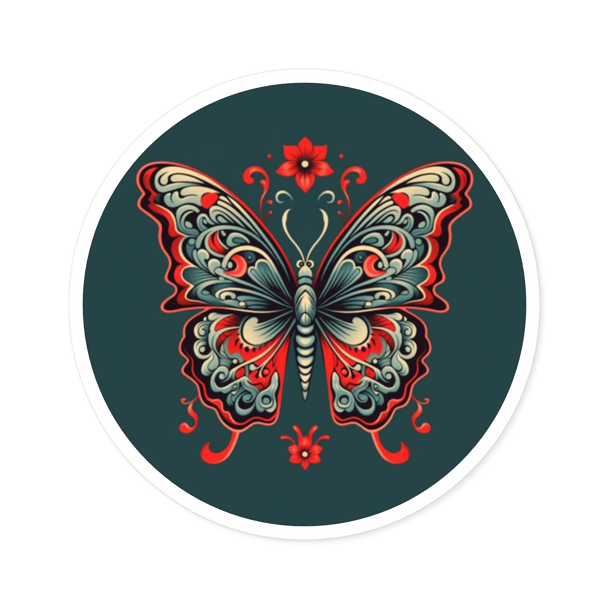 Red and Teal Butterfly Sticker, Ornamental Tattoo Art, Modern Mandala Style, Detailed Design