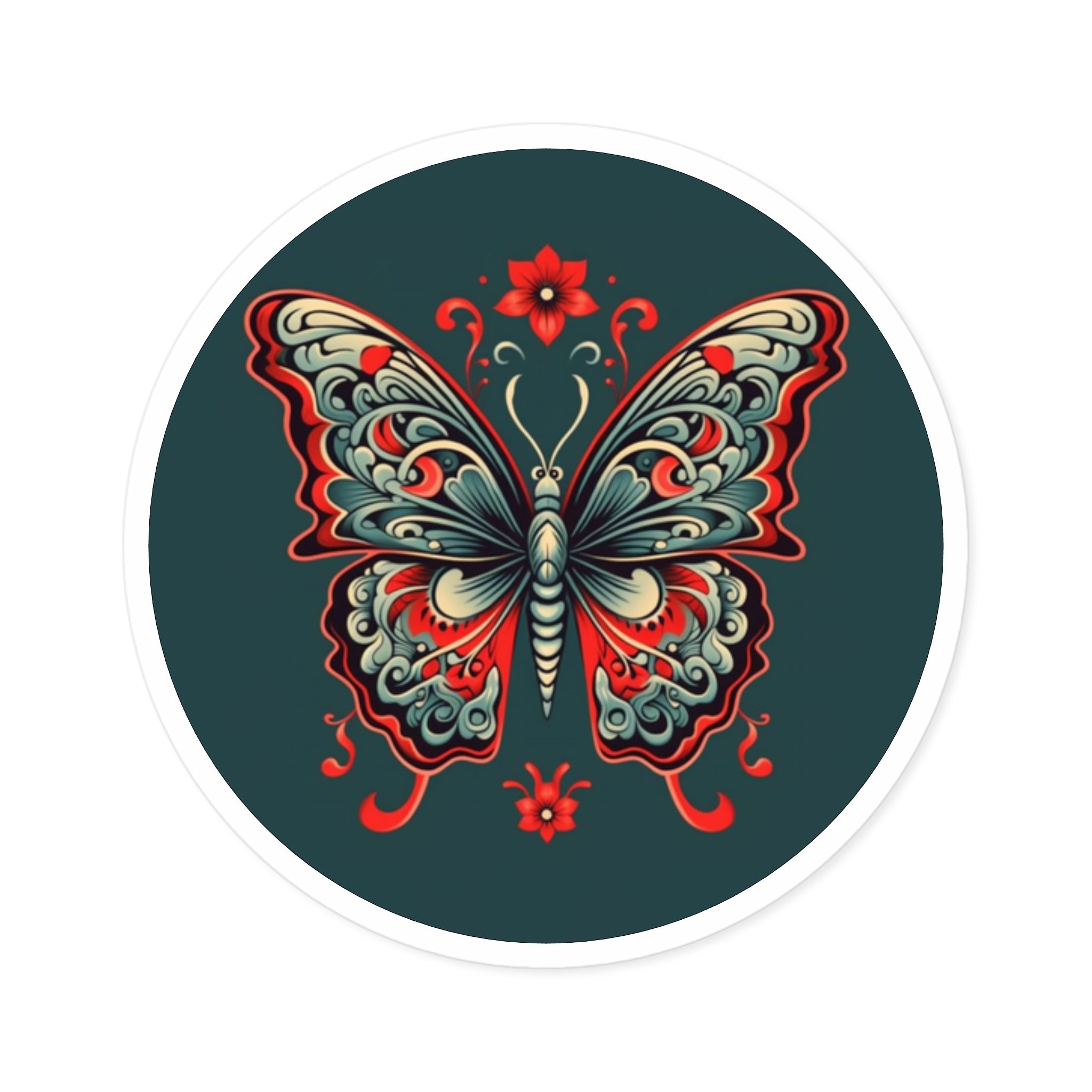 Red and Teal Butterfly Sticker, Ornamental Tattoo Art, Modern Mandala Style, Detailed Design
