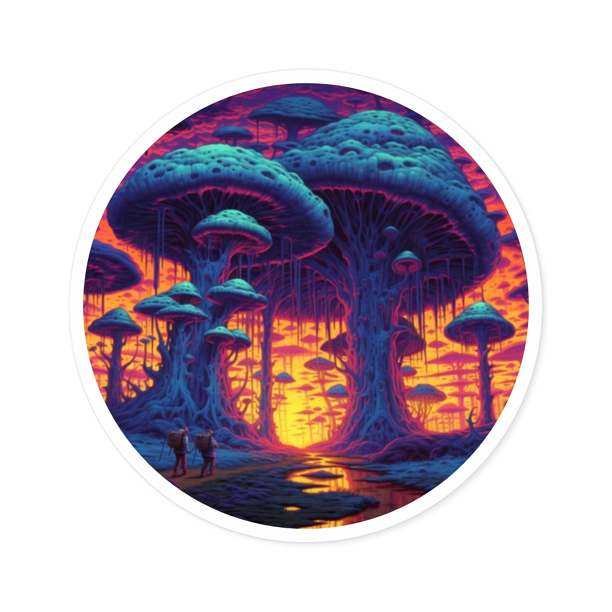 Mushroom valley, fantasy landscape Sticker, sunset scenery, surreal forest