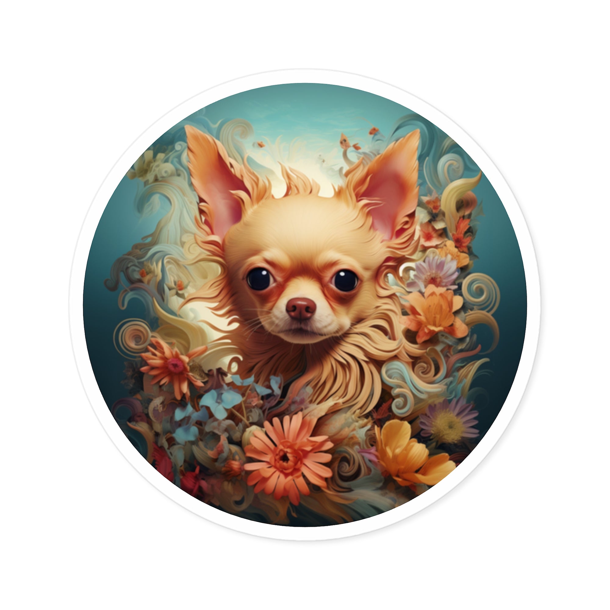 Chihuahua in Bloom, Whimsical Floral Sticker, Pet Portrait, Colorful Charm
