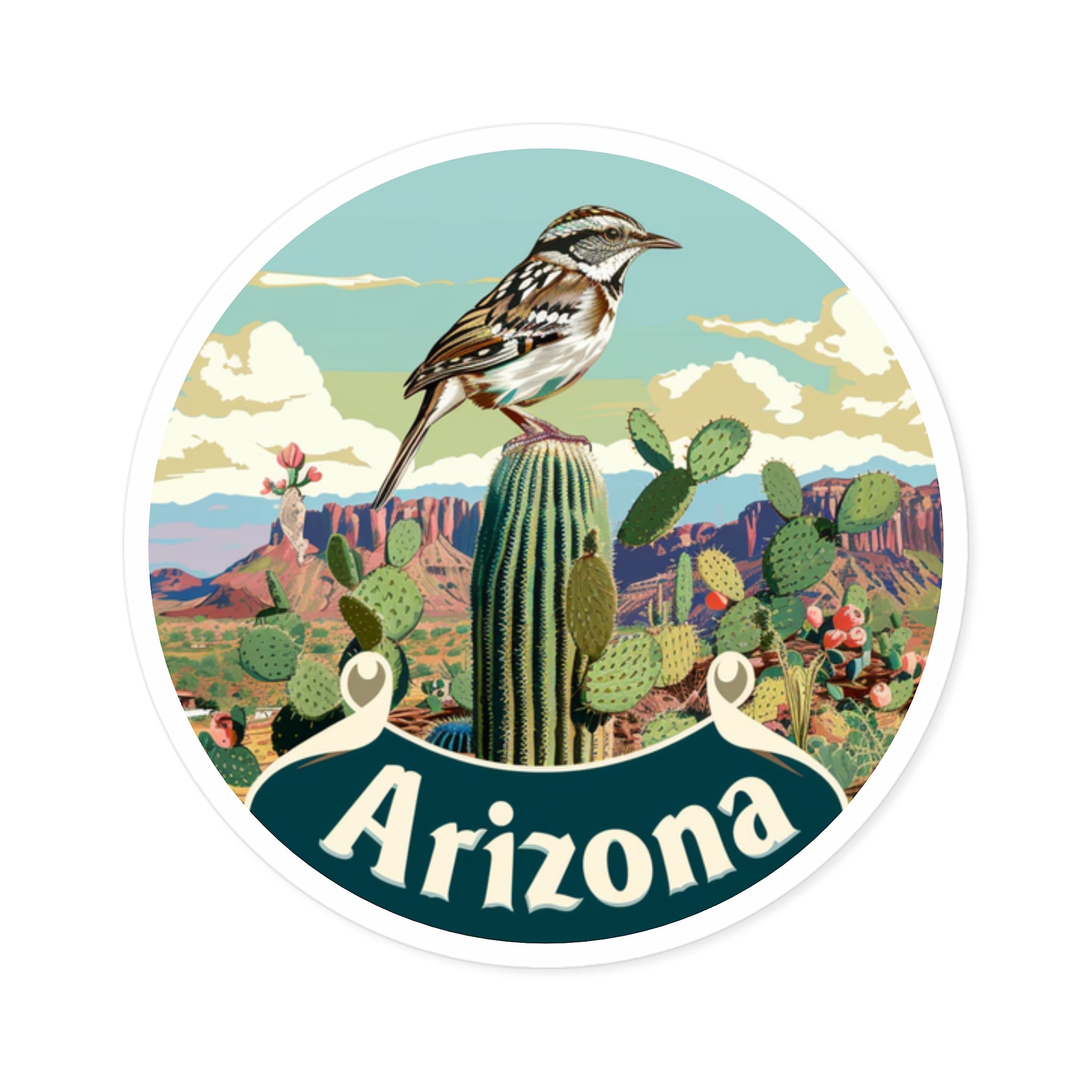 Arizona Desert Bird Sticker, Cactus Landscape Art, Scenic Southwest Design, Nature Gift