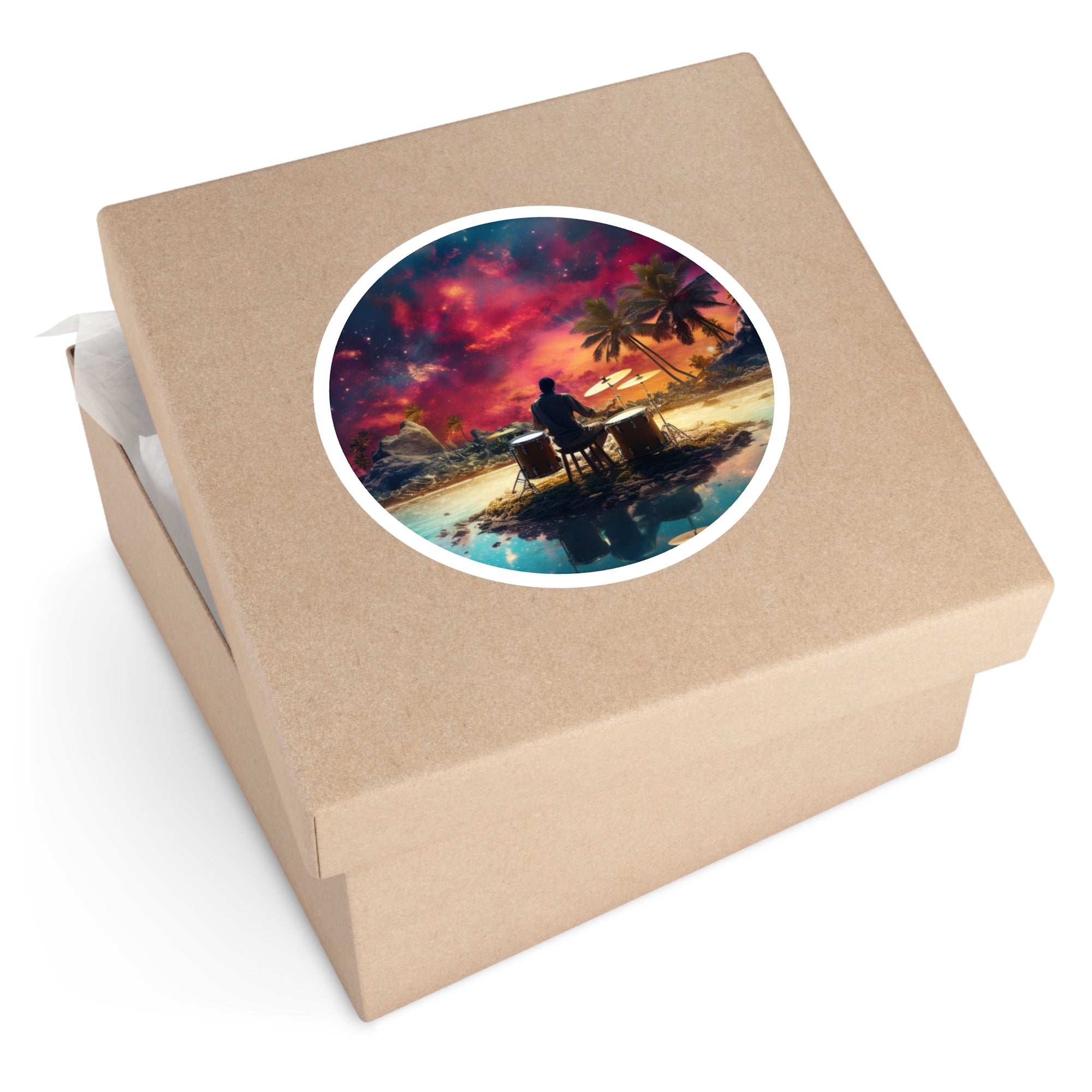 Island Drummer Nightscape, Cosmic Art Sticker, Music Decor, Dreamy Theme