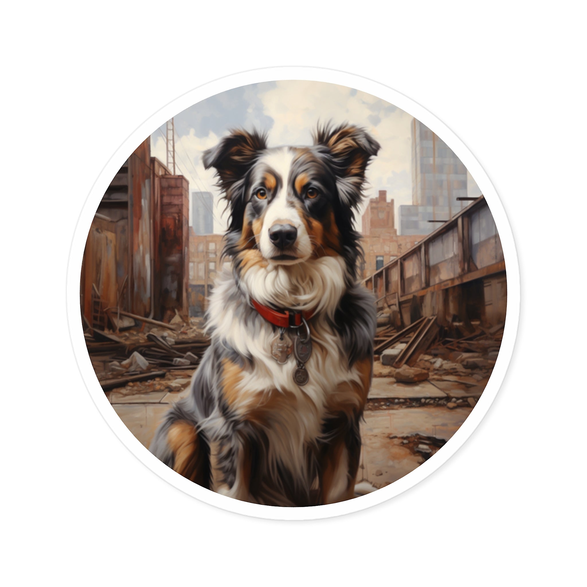 Australian Shepherd, Urban Dog Sticker, Realistic Pet Art, City Life