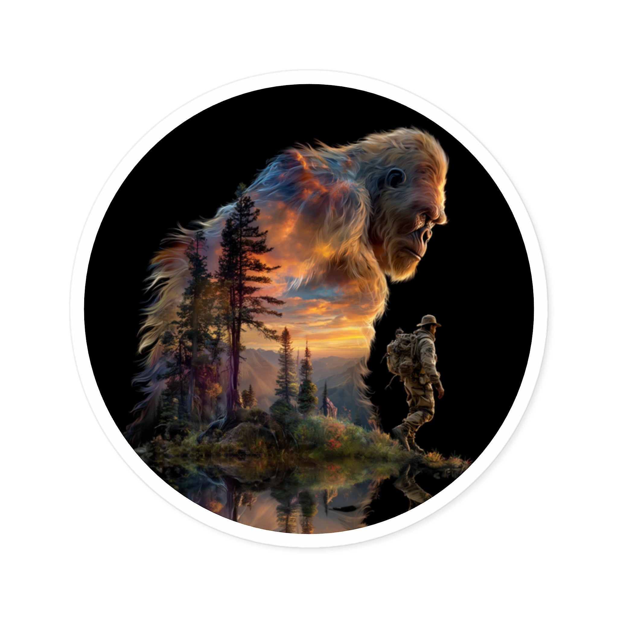 Sunset Sasquatch Sticker, Realistic Fantasy Art, Explorer Theme, Nature Collector