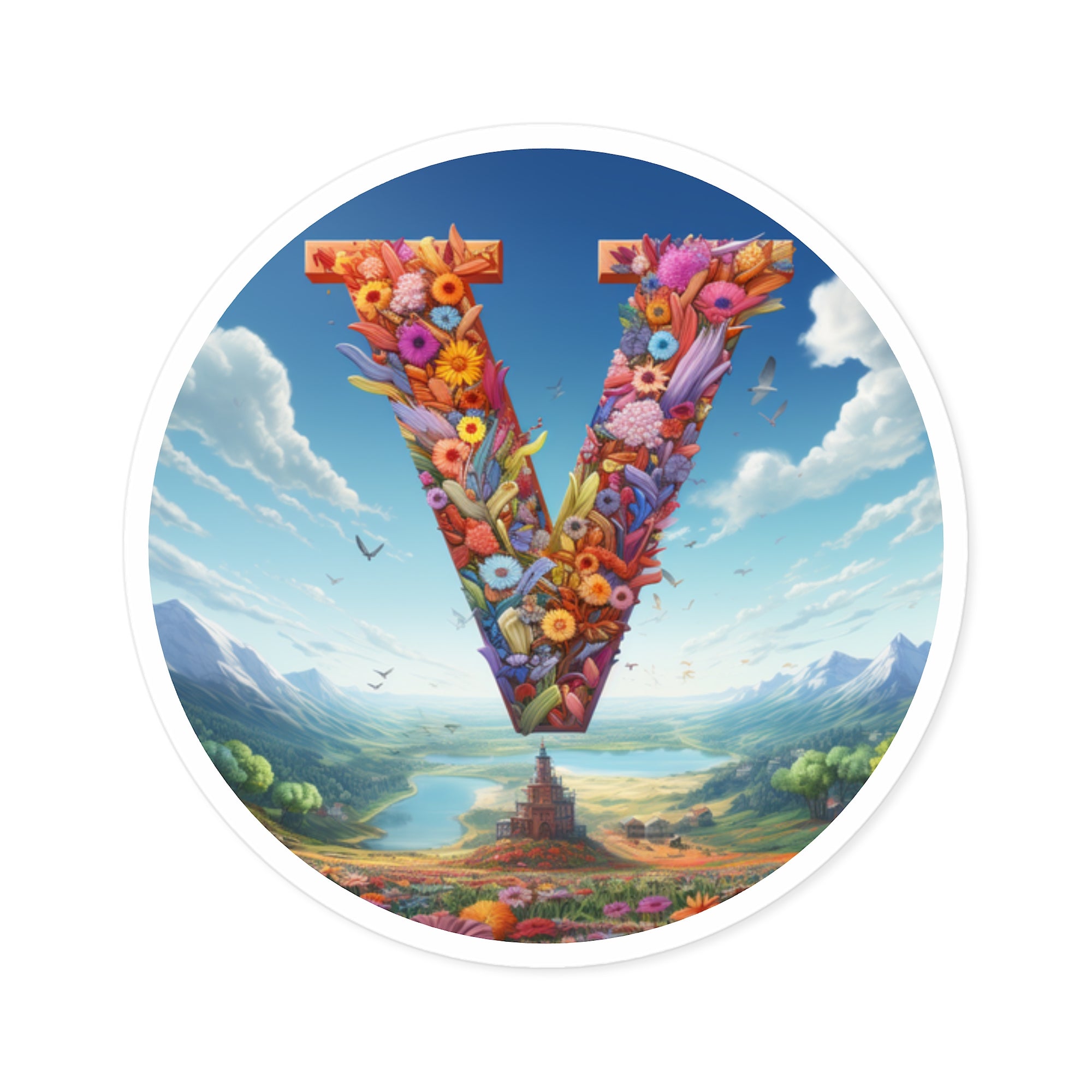 Letter V Sky Design, Floral Fantasy Sticker, Bright Art Gift
