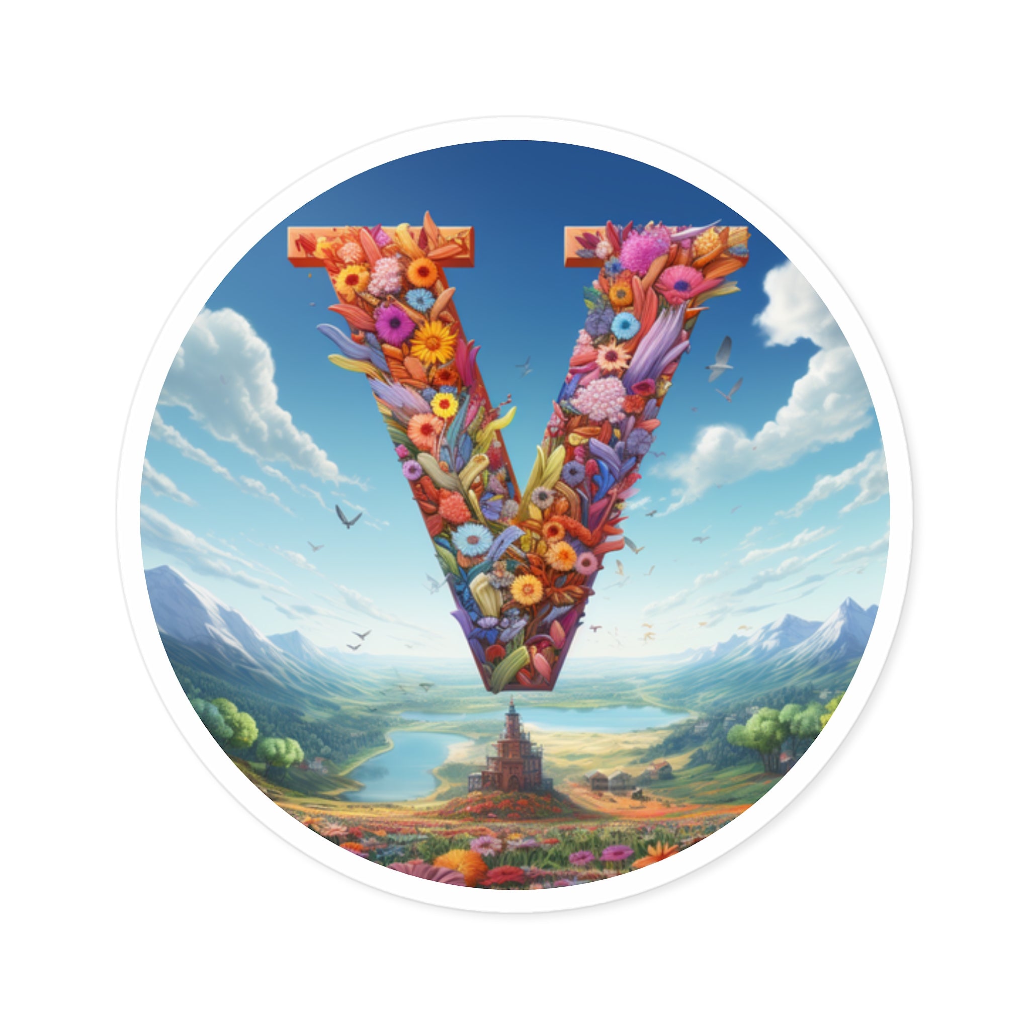 Letter V Sky Design, Floral Fantasy Sticker, Bright Art Gift