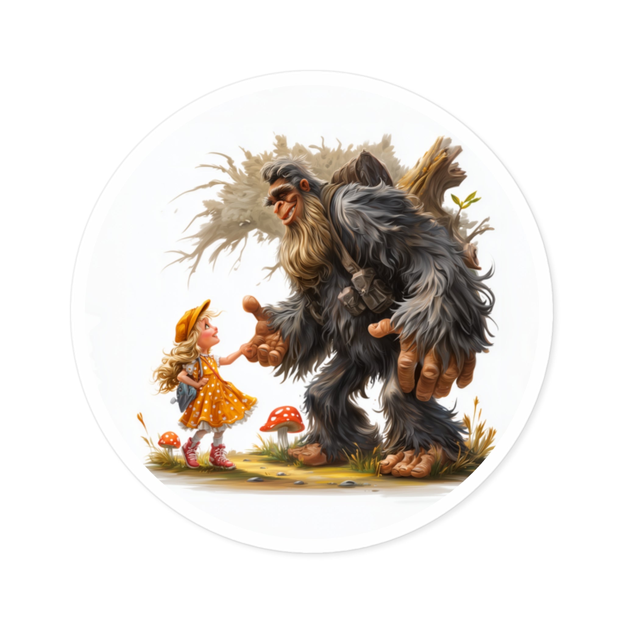 Little Girl and Sasquatch Sticker, Whimsical Friendship Art, Forest Fantasy, Cute Scene