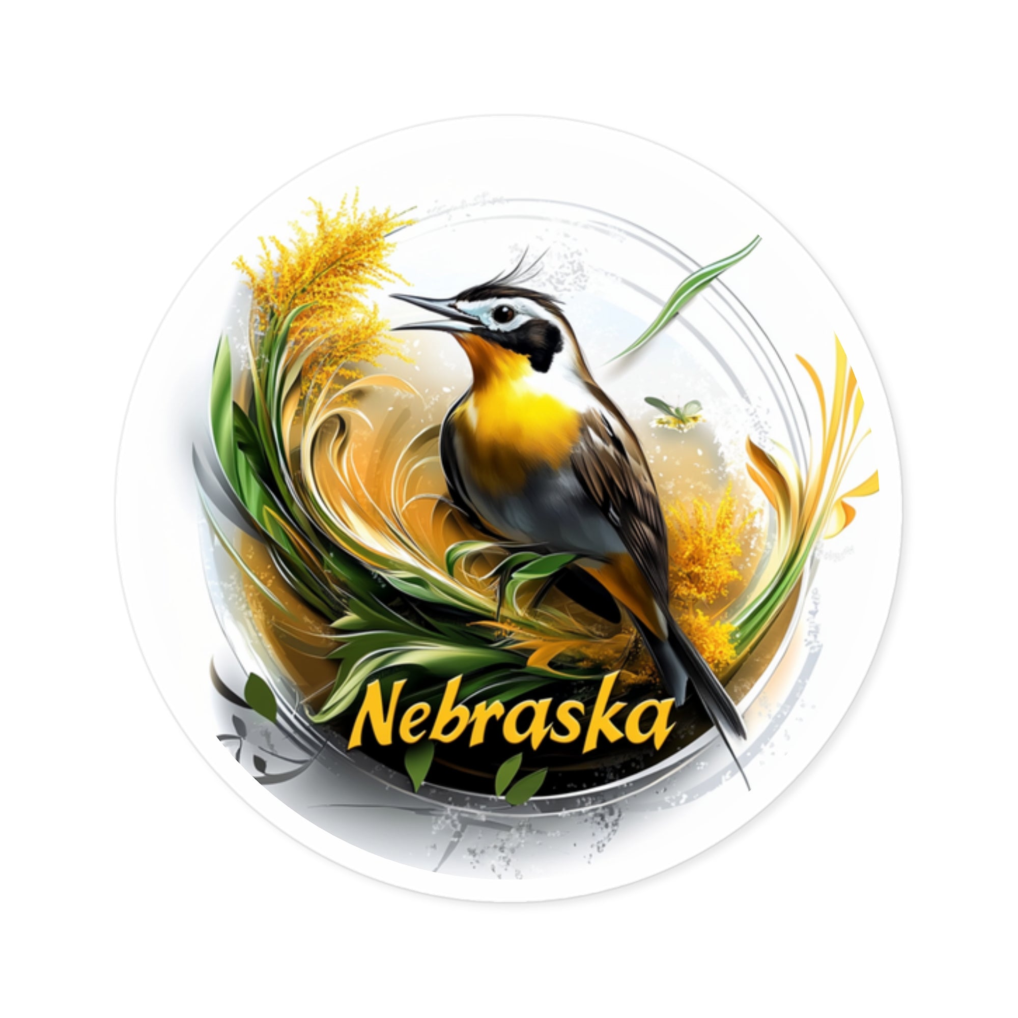 Nebraska Meadowlark Sticker, Goldenrod Flower Design, State Pride, Bird Art