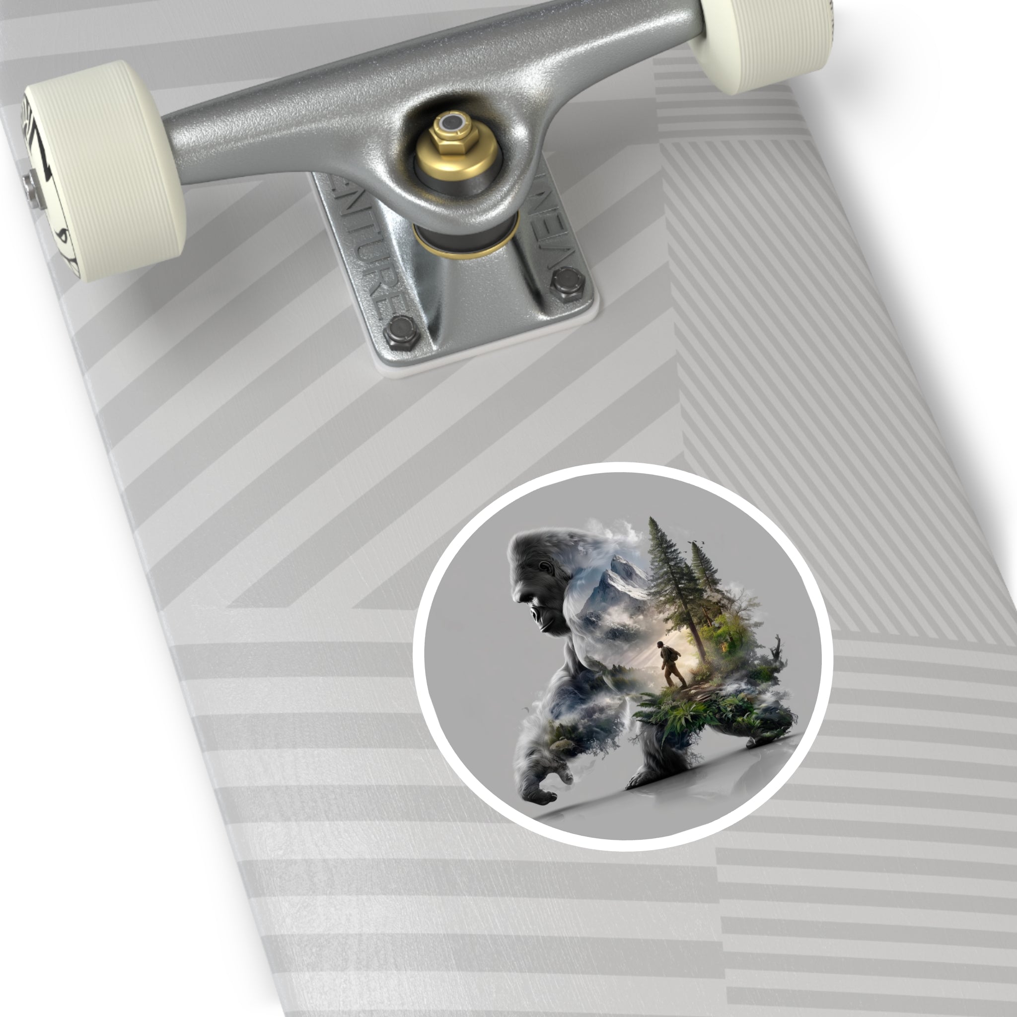 Mountain Trek Sasquatch Sticker, Surreal Landscape Art, Fantasy Explorer Design, Nature Blend