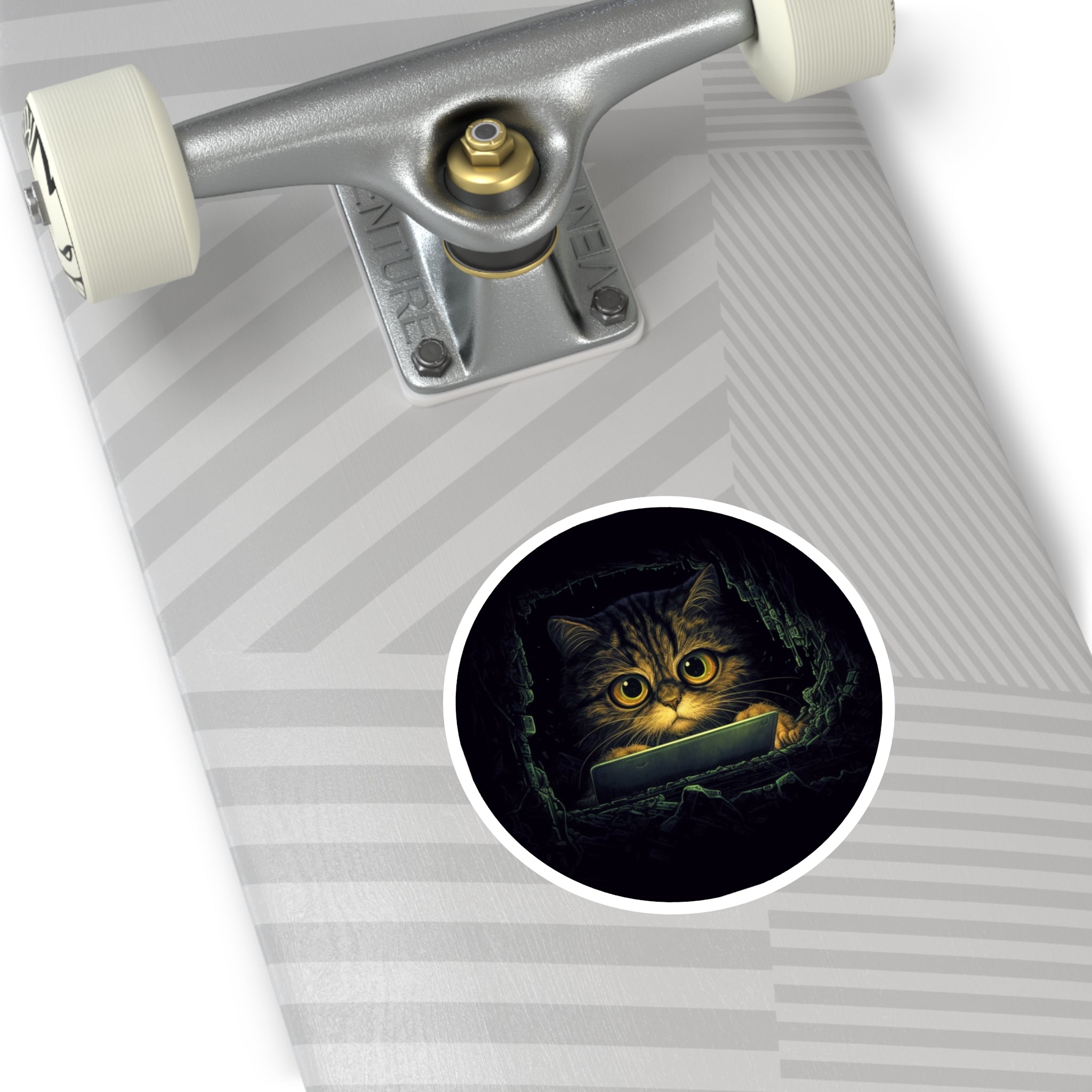 Big-Eyed Cat Hacker, Funny Laptop Sticker, Cute Feline Design, Tech Humor