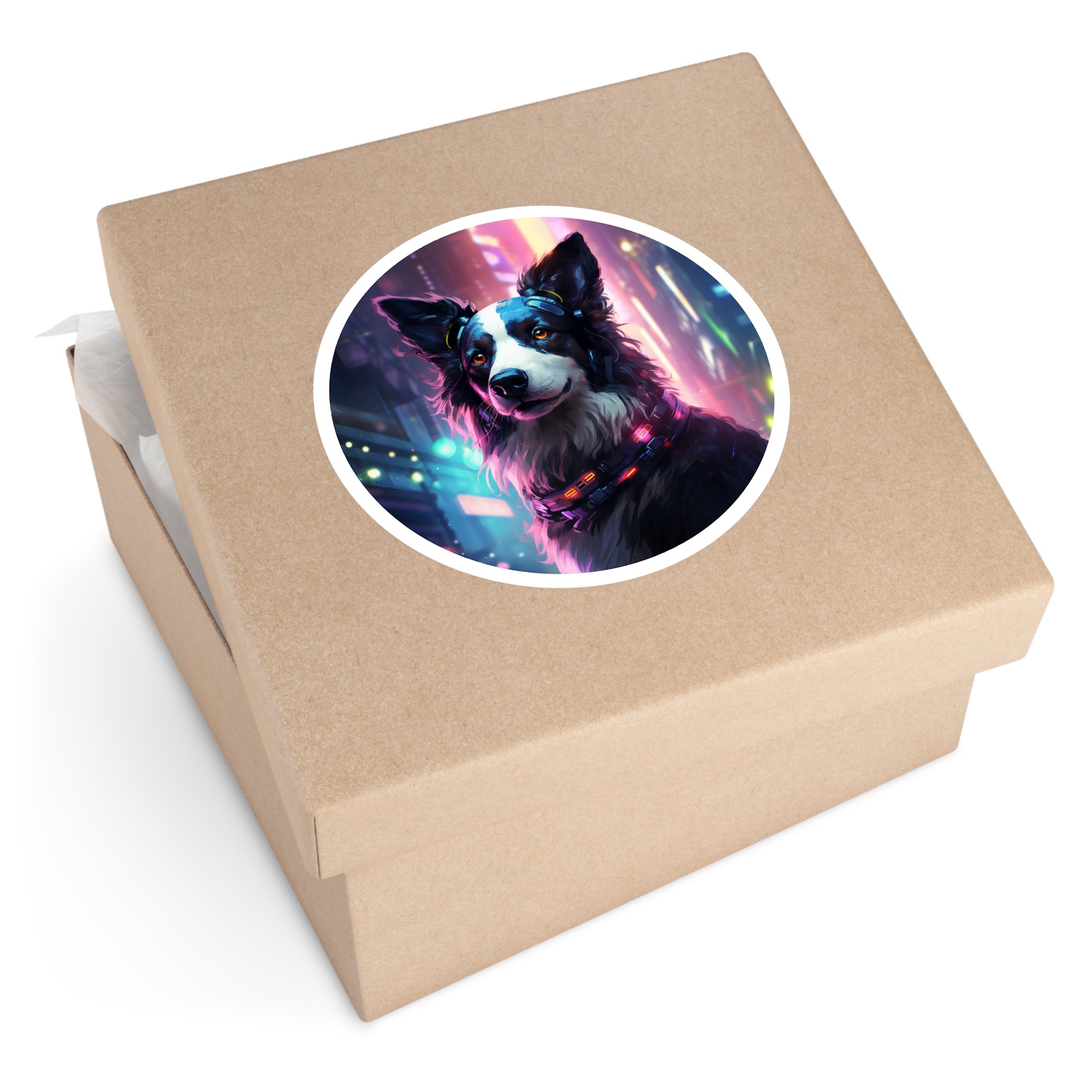 Cyberpunk Border Collie, Neon City Art Sticker, Laptop Decor, Unique Gift