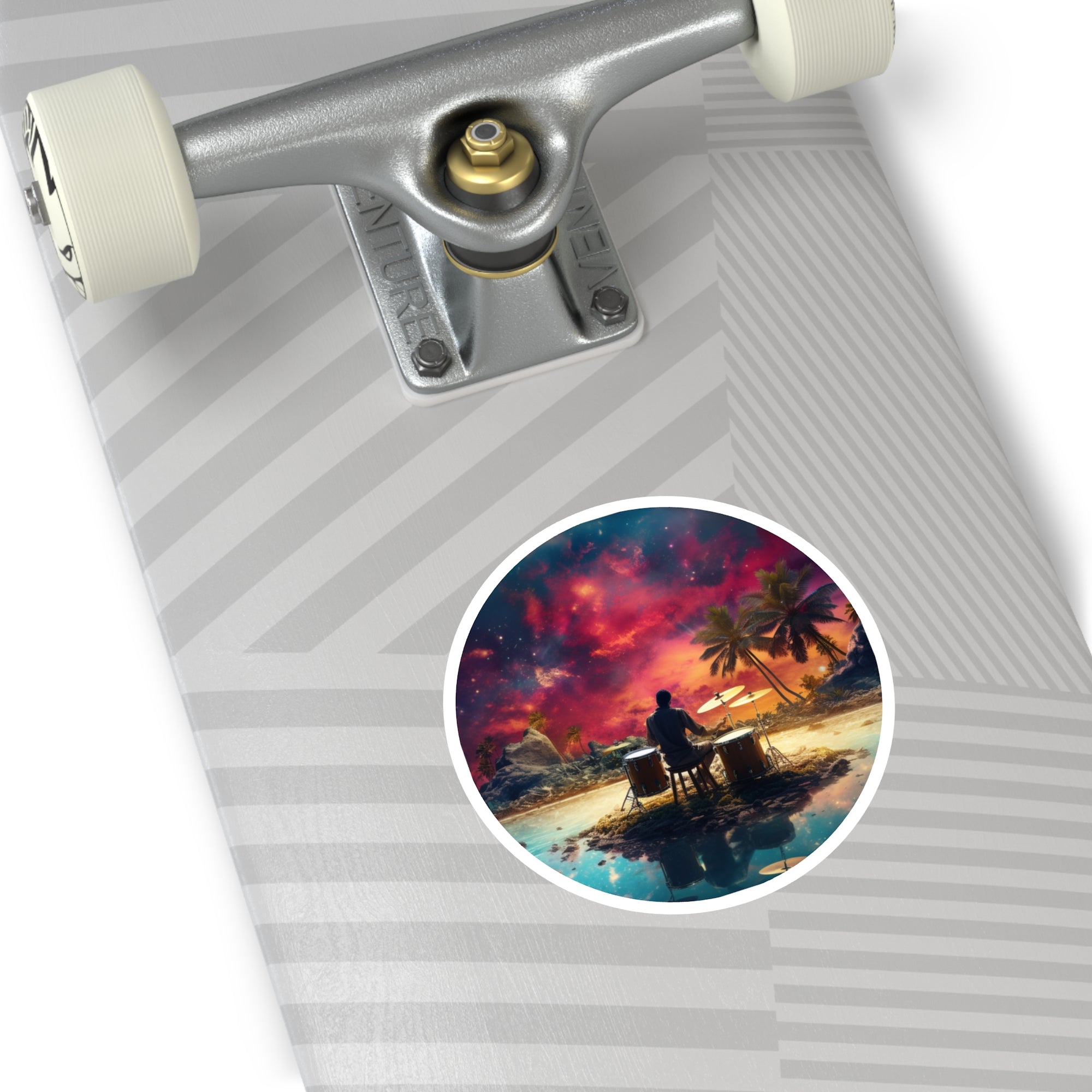 Island Drummer Nightscape, Cosmic Art Sticker, Music Decor, Dreamy Theme