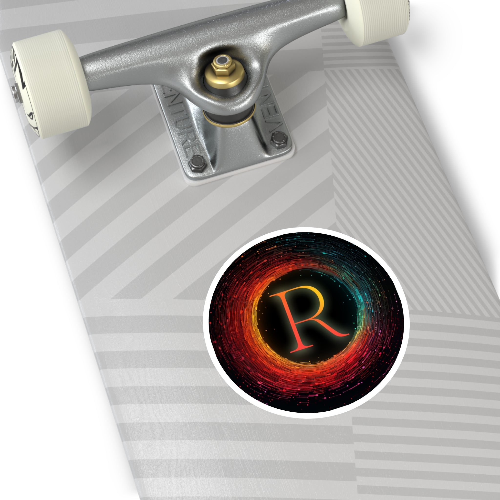 R Letter Vortex, Groovy Monogram Sticker, Color Burst Art, Retro Design