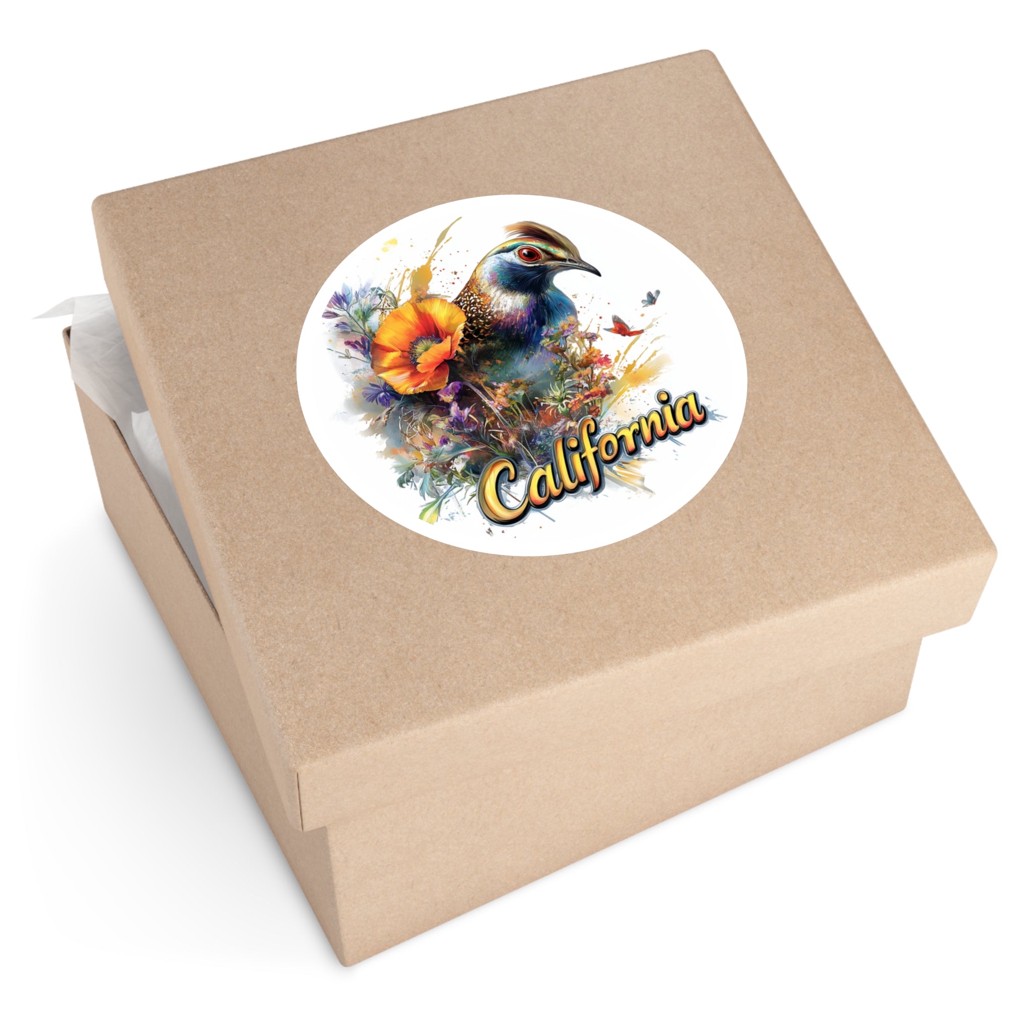 California Quail, Poppy Flower Sticker, State Bird Art, Vibrant Nature Design