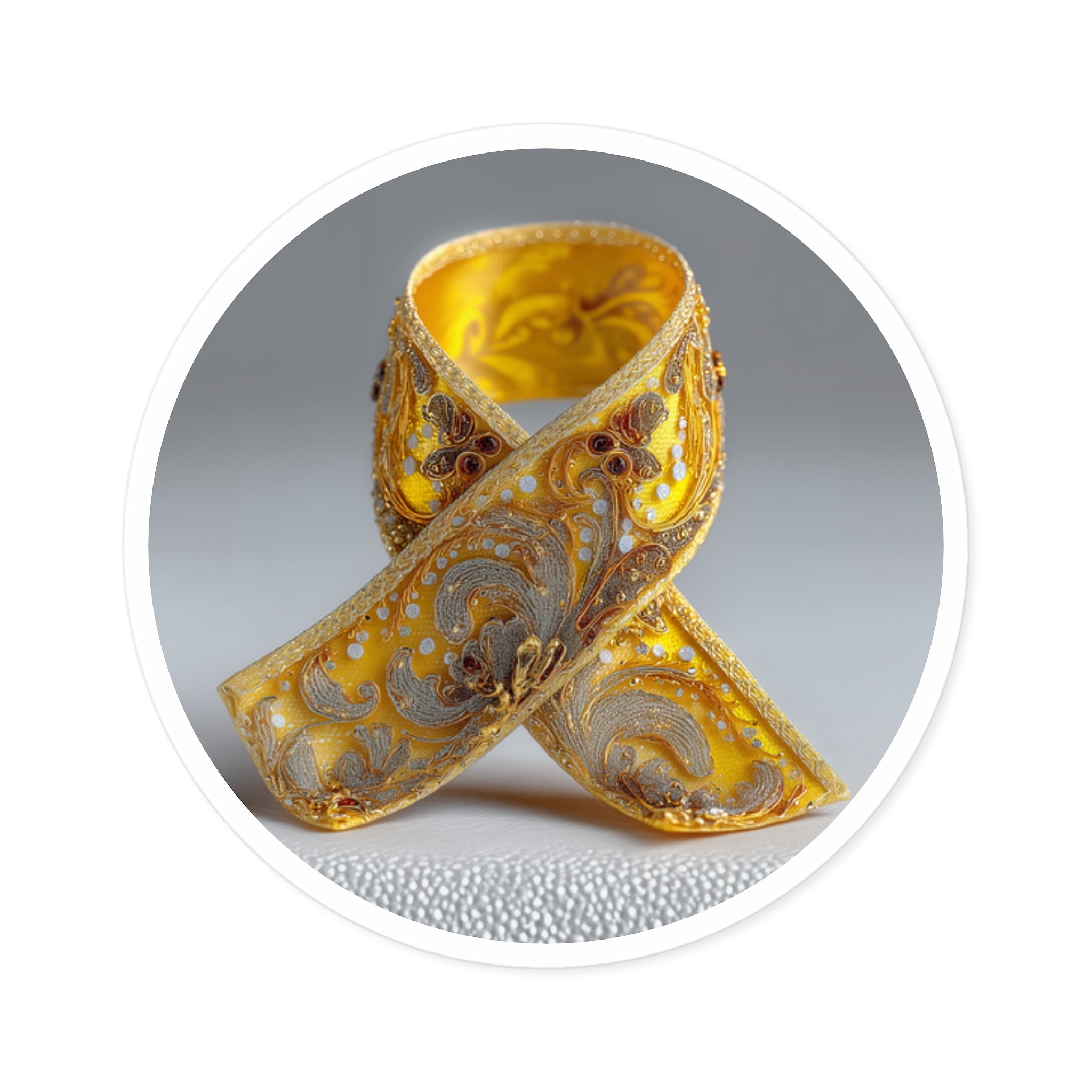 Golden Awareness Ribbon Sticker, Ornate Support Design, Elegant Symbol, Decorative Art