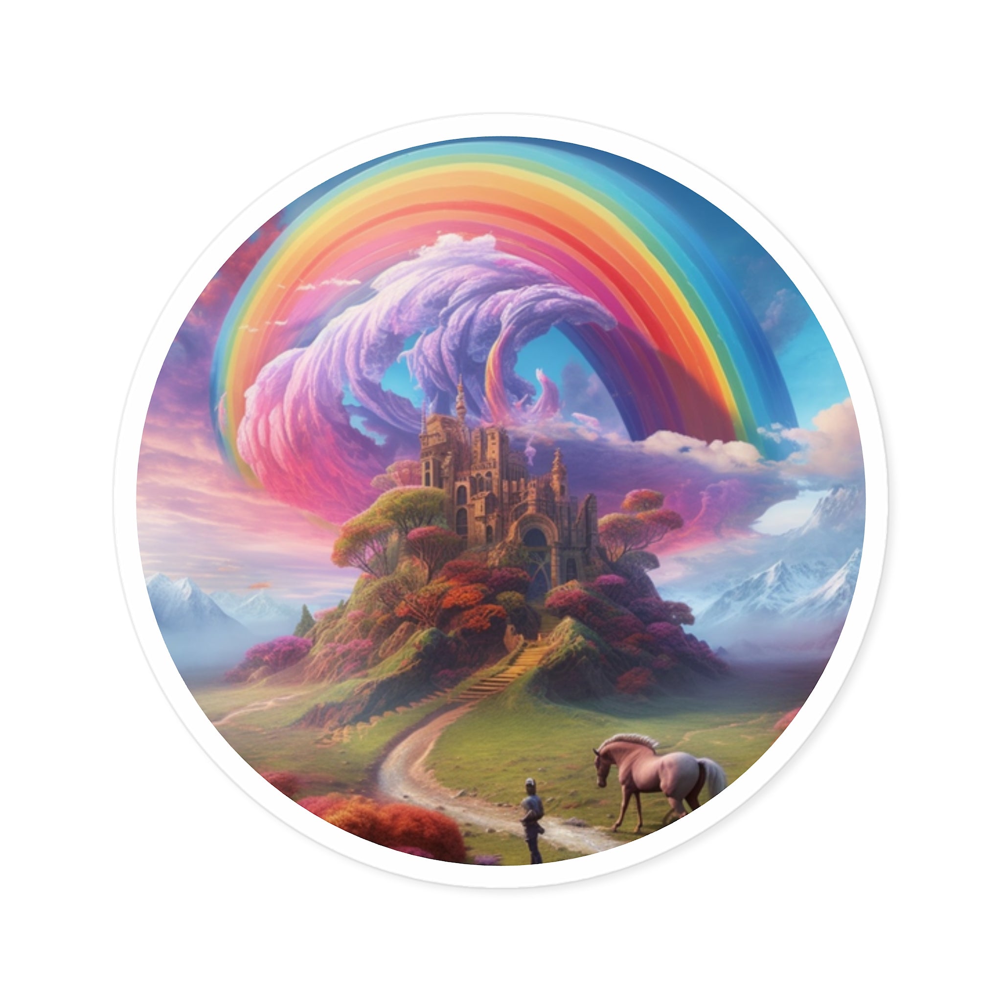Rainbow Castle Sticker, Fantasy Landscape Art, Magical Design, Dreamy Scenic Aesthetic